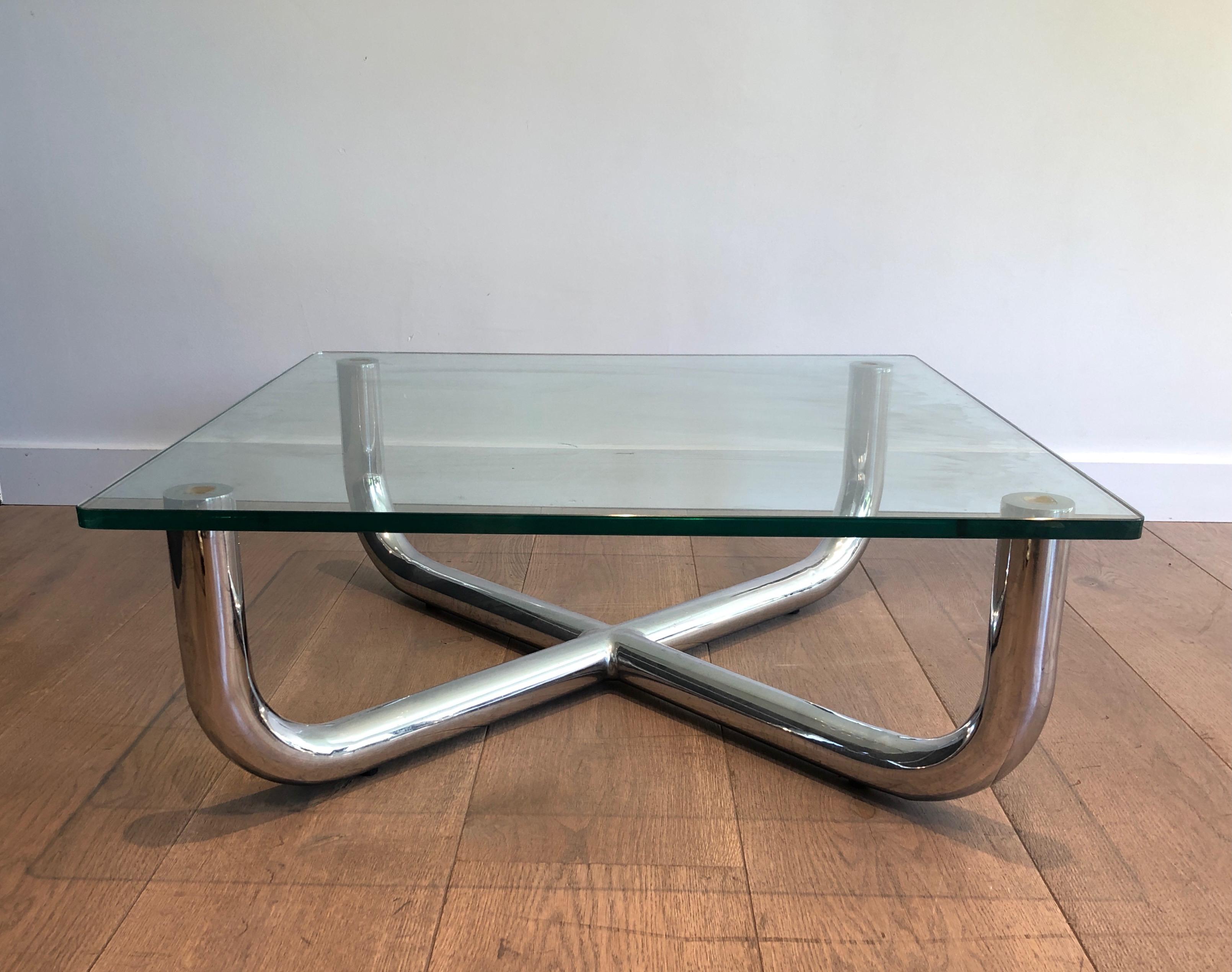 Mid-Century Modern Chromed Coffee Table with Glass Shelf, French Work, Circa 1970 For Sale