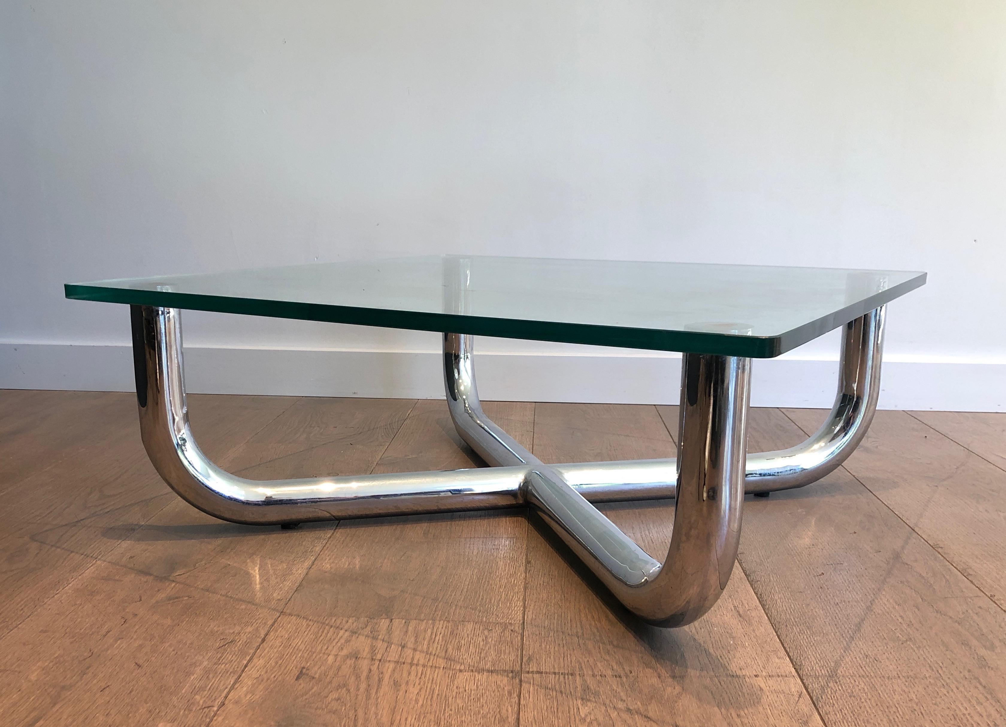 Late 20th Century Chromed Coffee Table with Glass Shelf, French Work, Circa 1970 For Sale