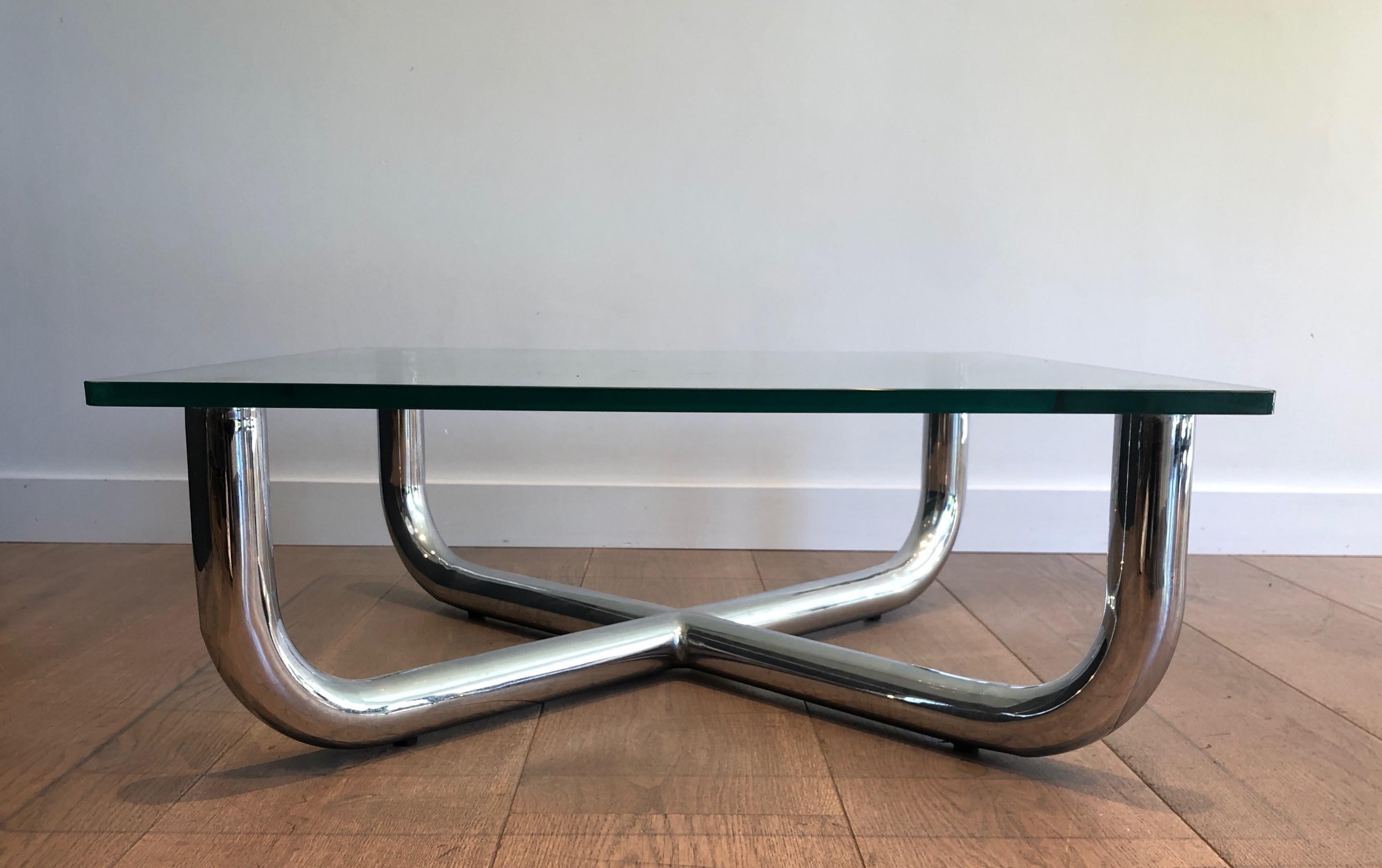 Chromed Coffee Table with Glass Shelf, French Work, Circa 1970 For Sale 1