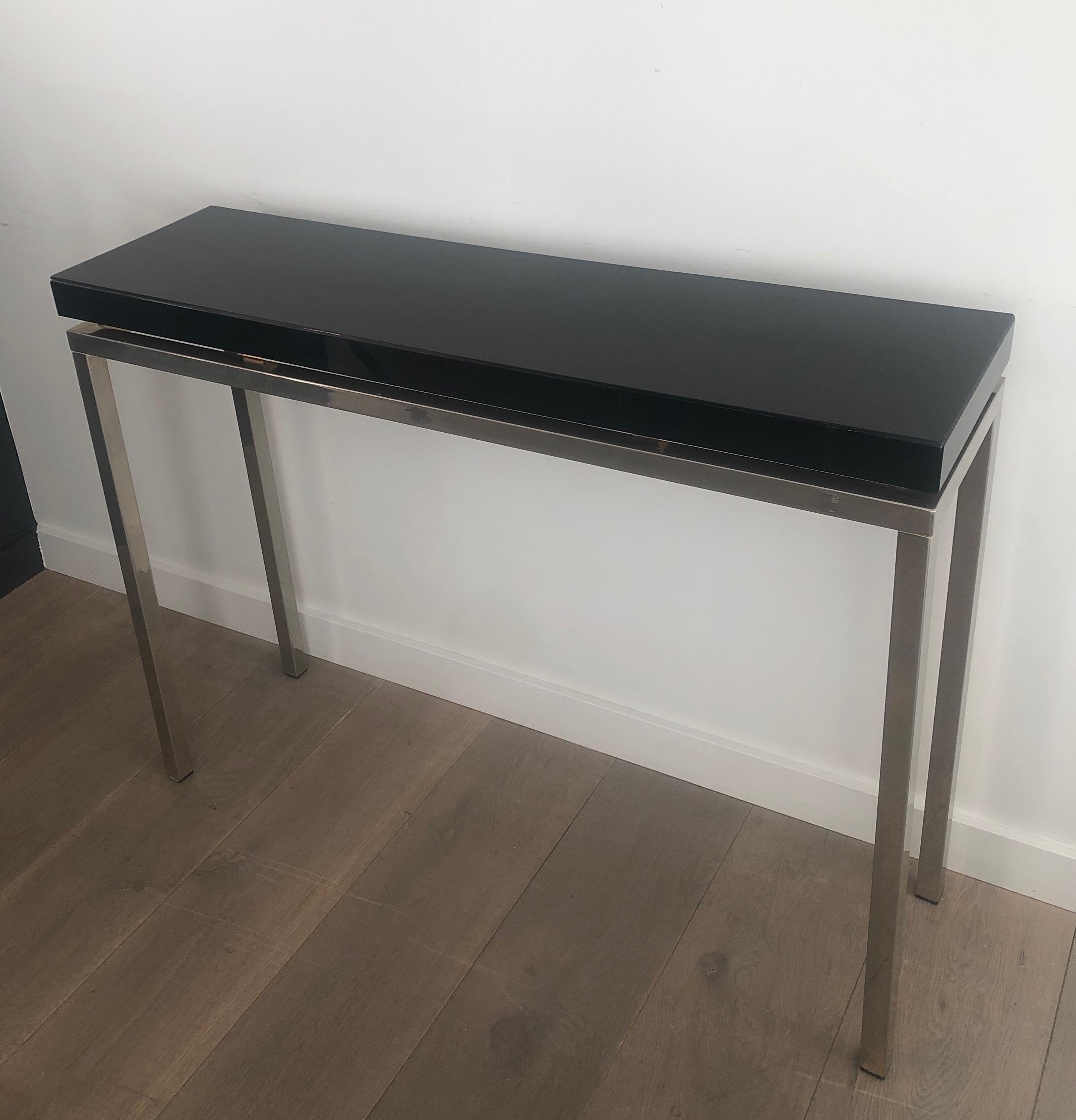 Chromed console with thick black lacquered top. French work. Circa 1970 For Sale 5