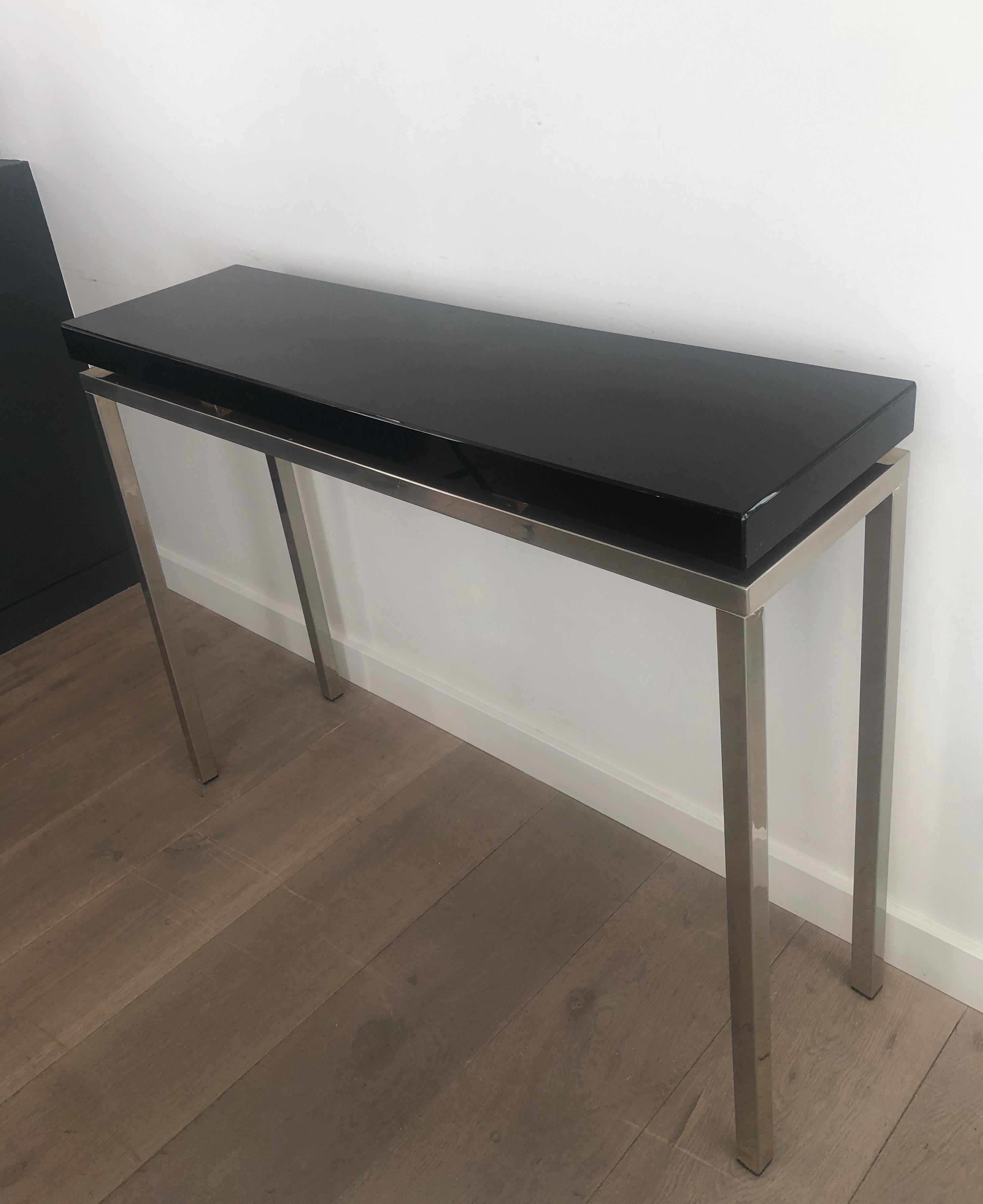 Chromed console with thick black lacquered top. French work. Circa 1970 For Sale 6