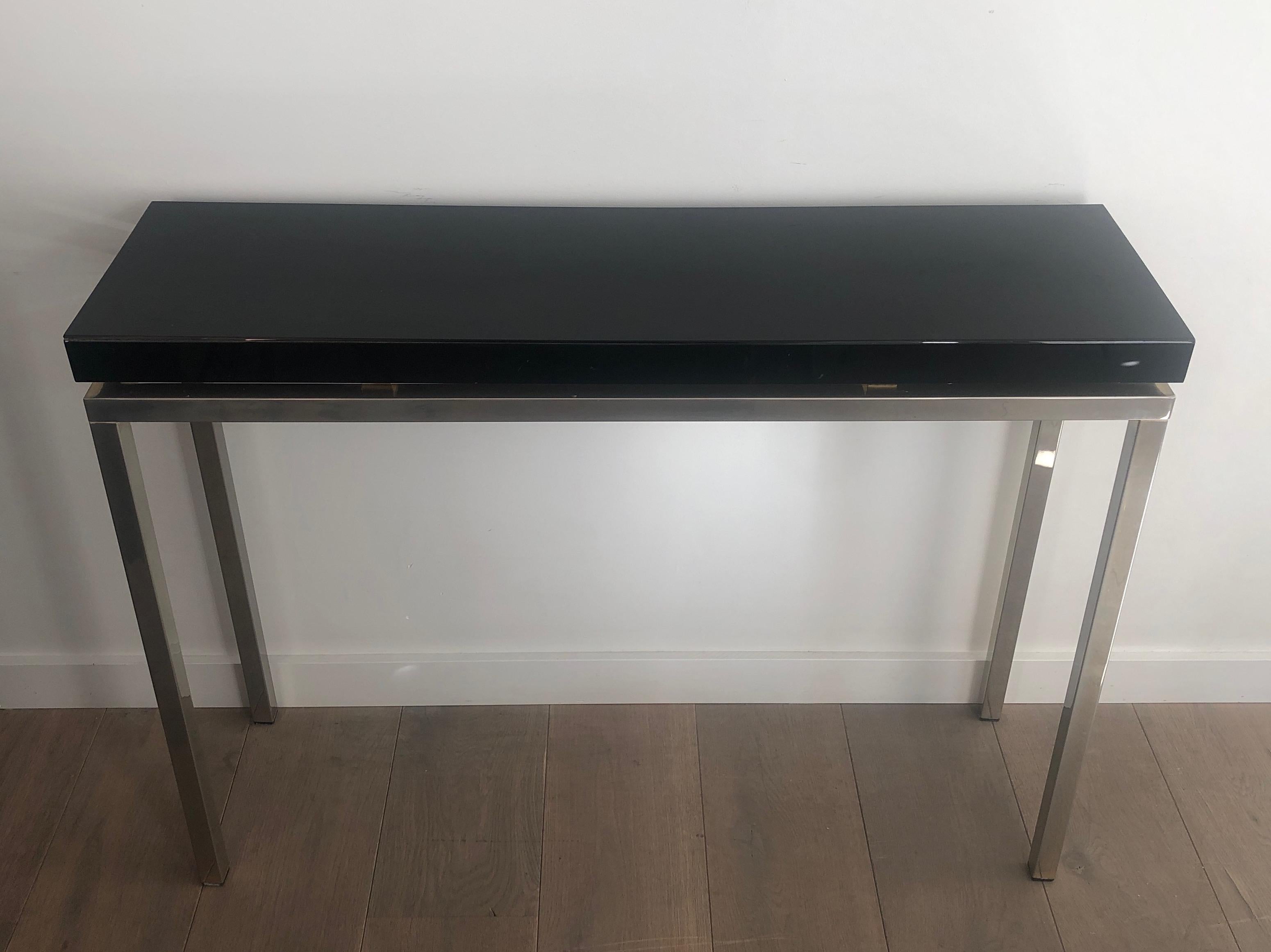 Chromed console with thick black lacquered top. French work. Circa 1970 For Sale 8