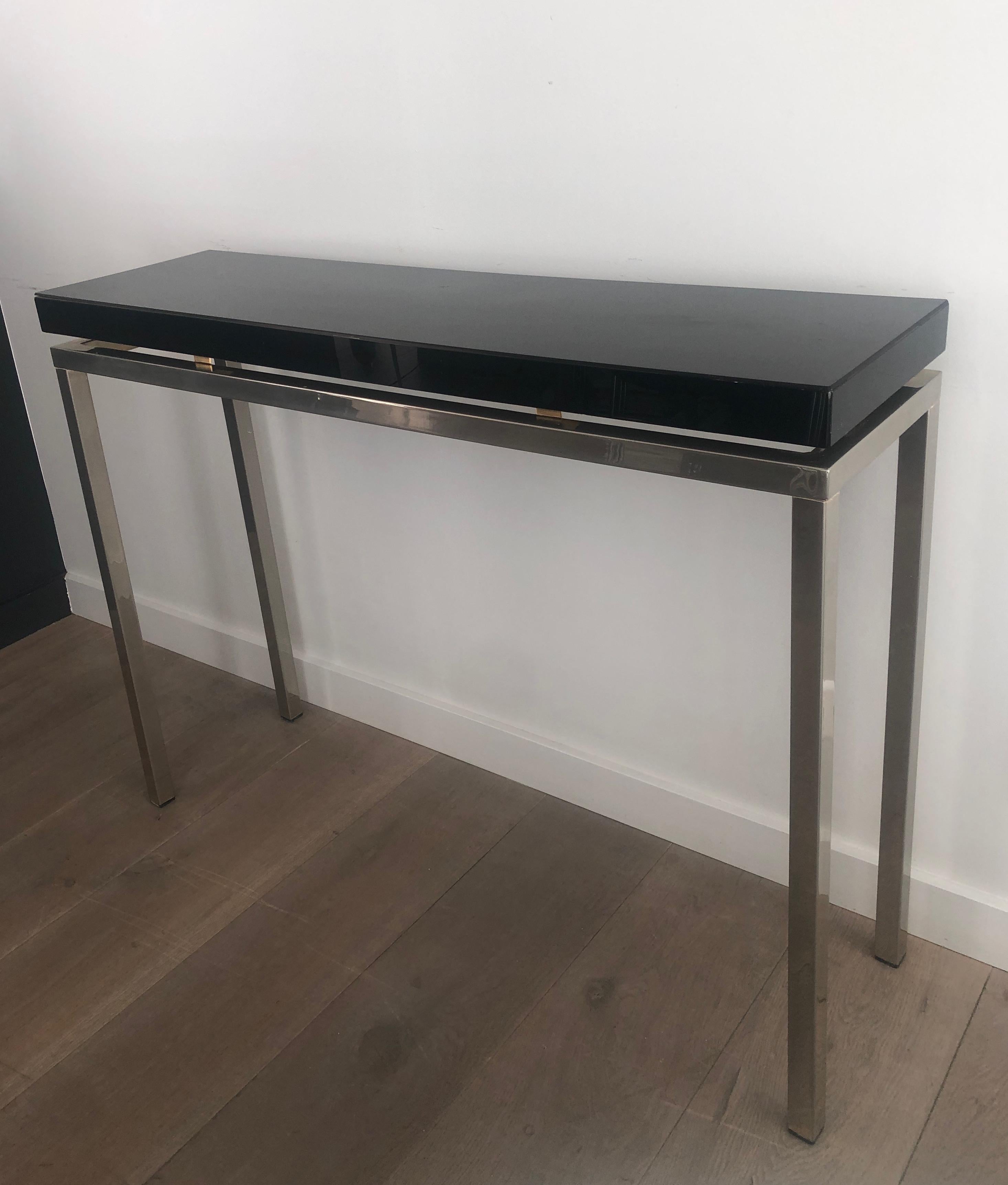 Chromed console with thick black lacquered top. French work. Circa 1970 For Sale 10
