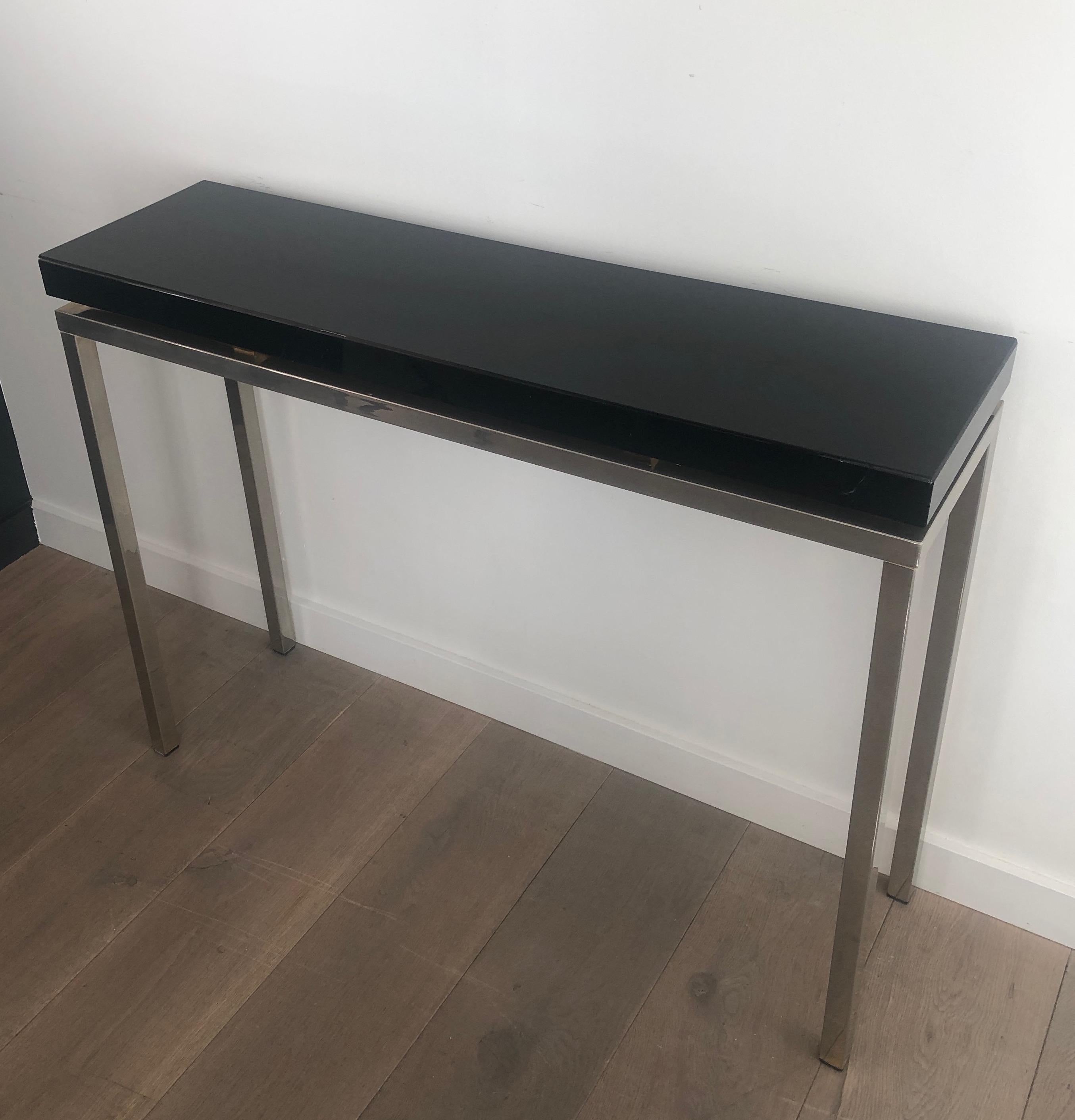 Chromed console with thick black lacquered top. French work. Circa 1970 For Sale 12