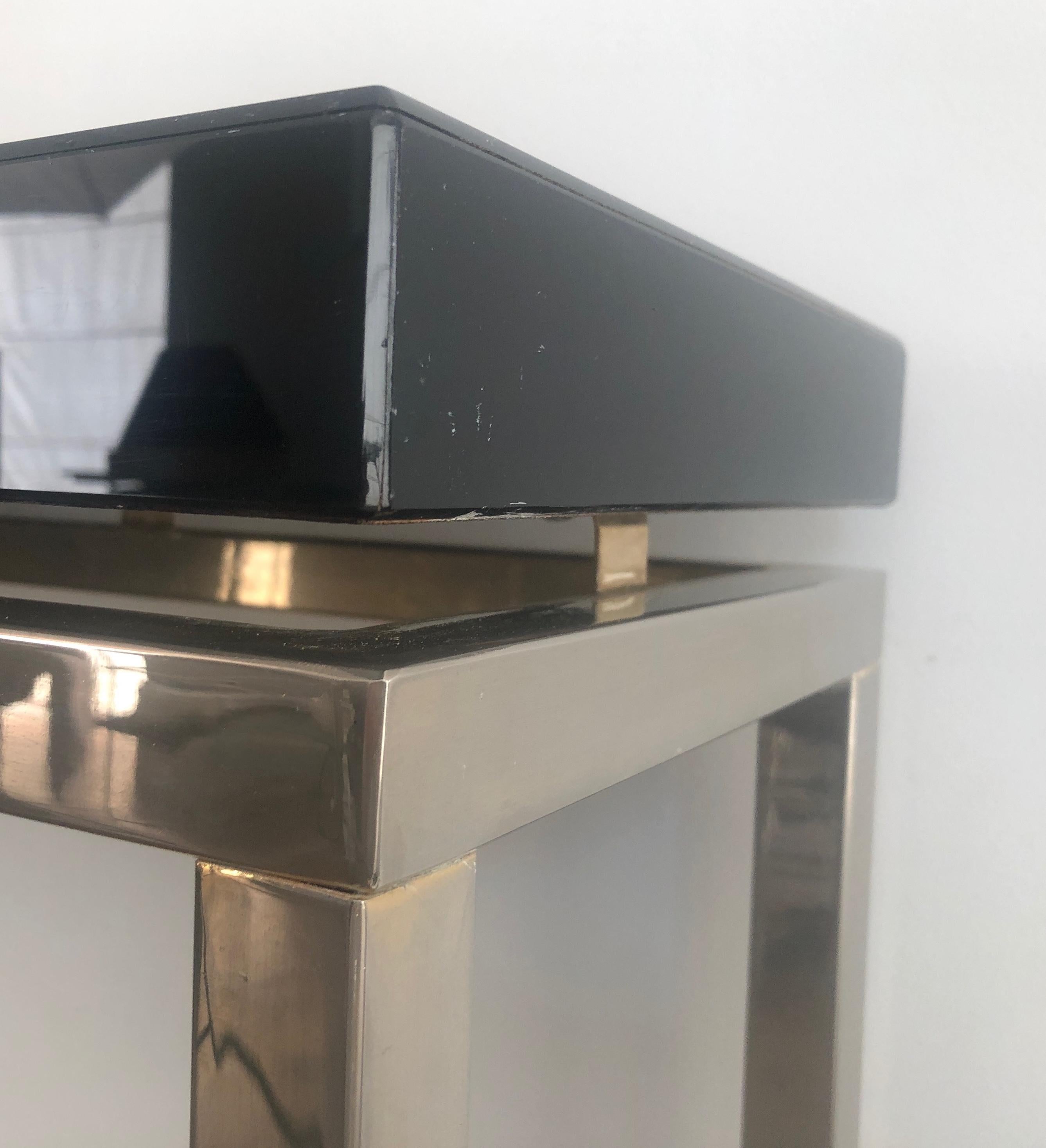 Chromed console with thick black lacquered top. French work. Circa 1970 In Good Condition For Sale In Marcq-en-Barœul, Hauts-de-France