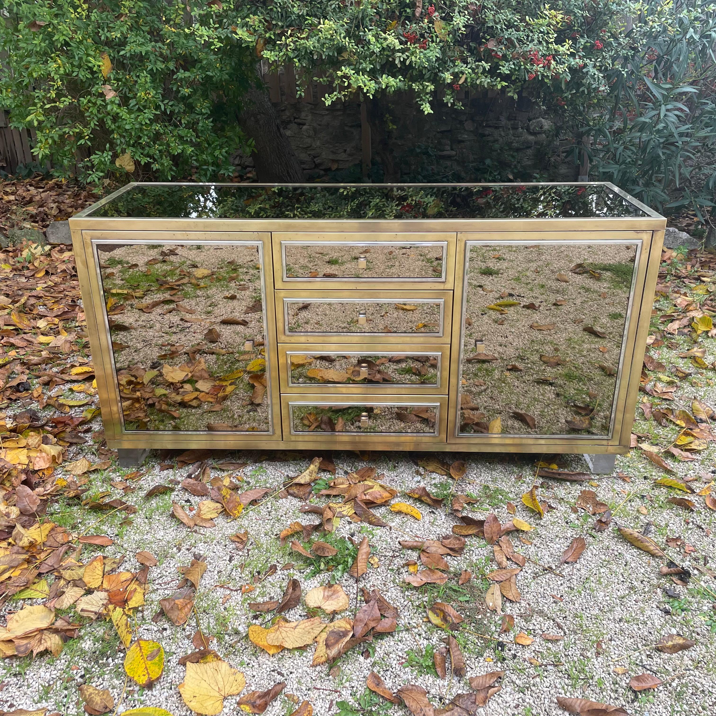 Mid-Century Modern Chromed & Gilded Brass and Mirrored Sideboard by Muchel Pigniere, circa 1970