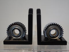 Chromed Industrial Gear / Wood Bookends