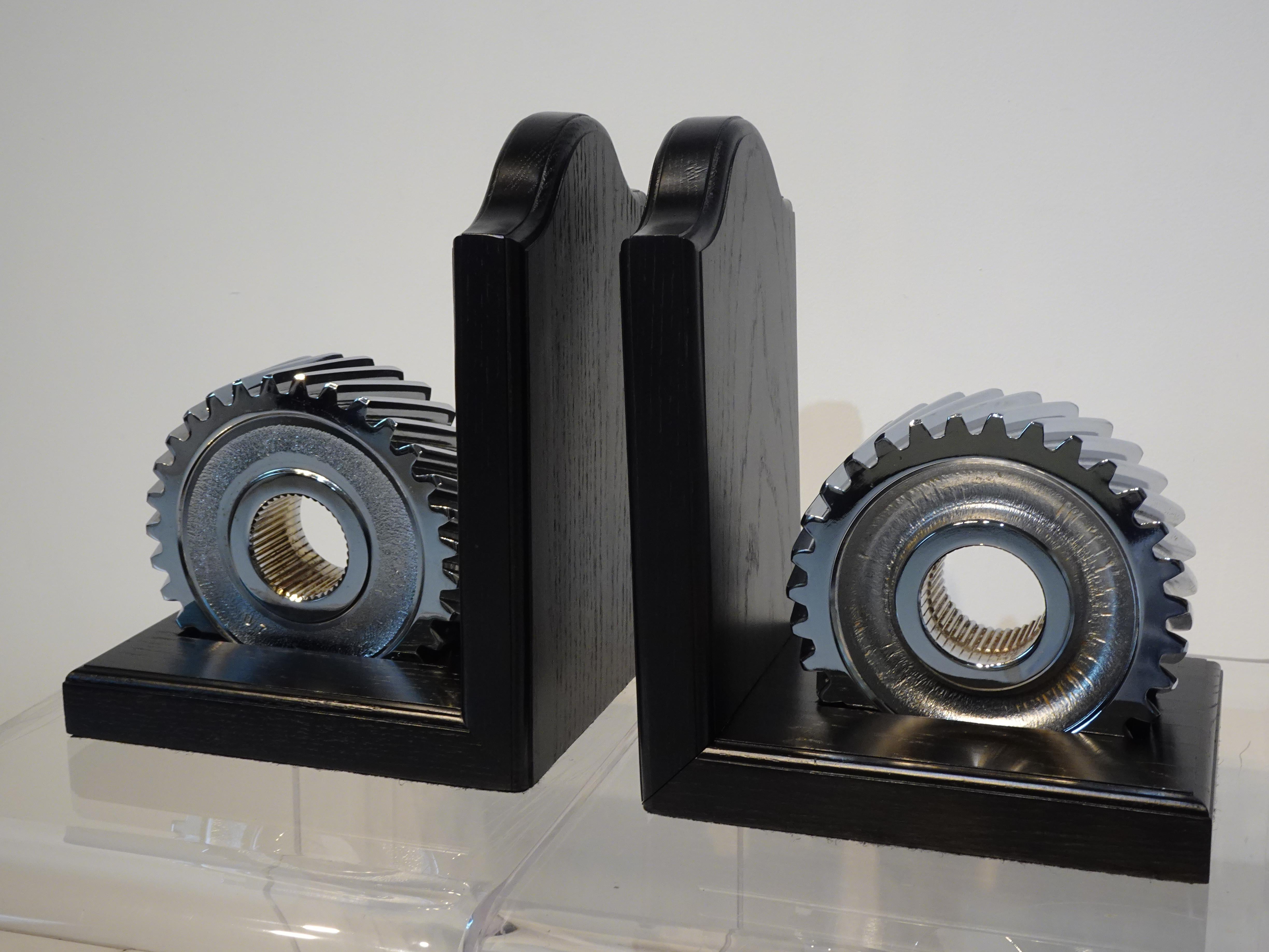 American Chromed Industrial Gear / Wood Bookends