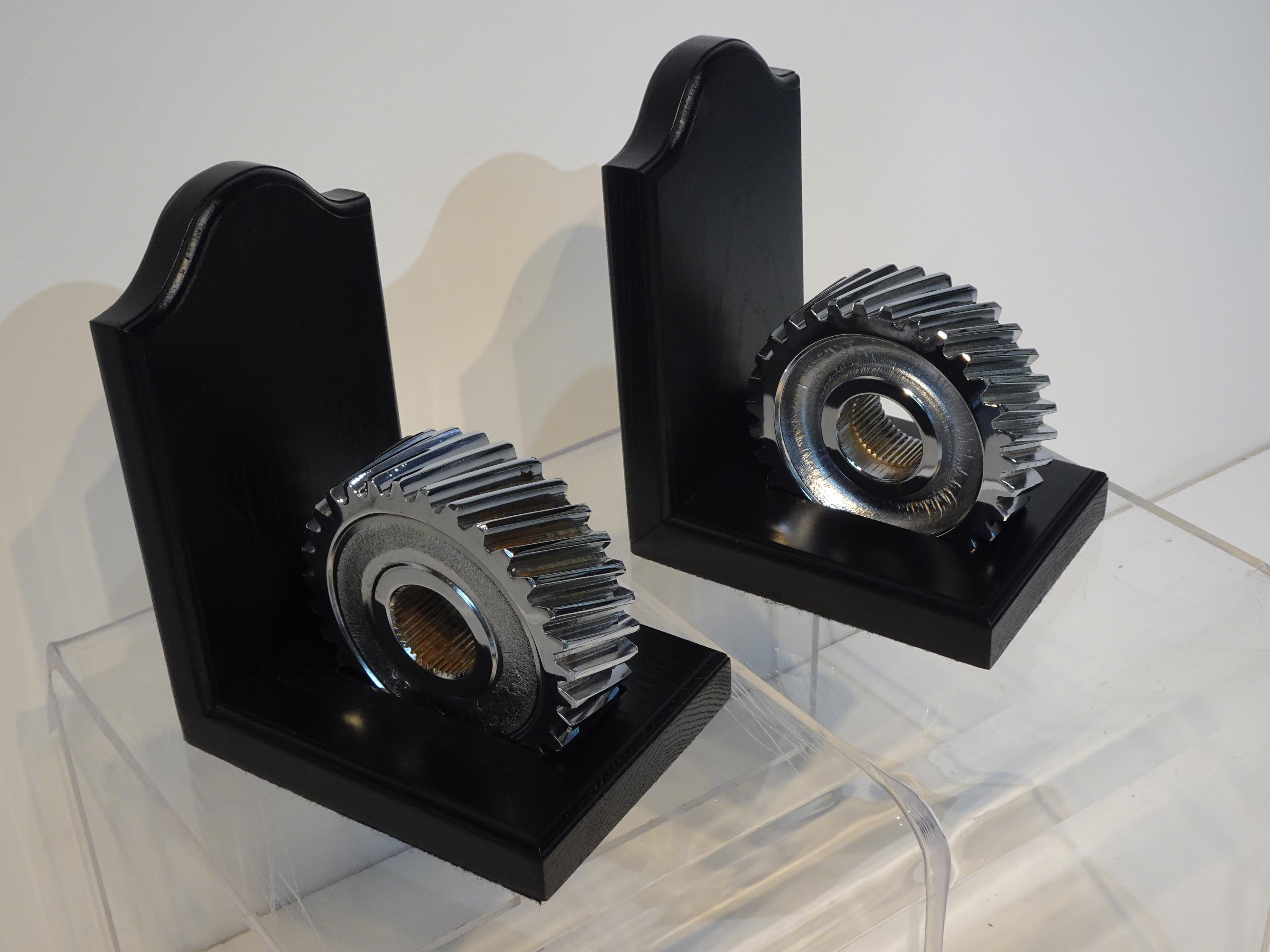 20th Century Chromed Industrial Gear / Wood Bookends