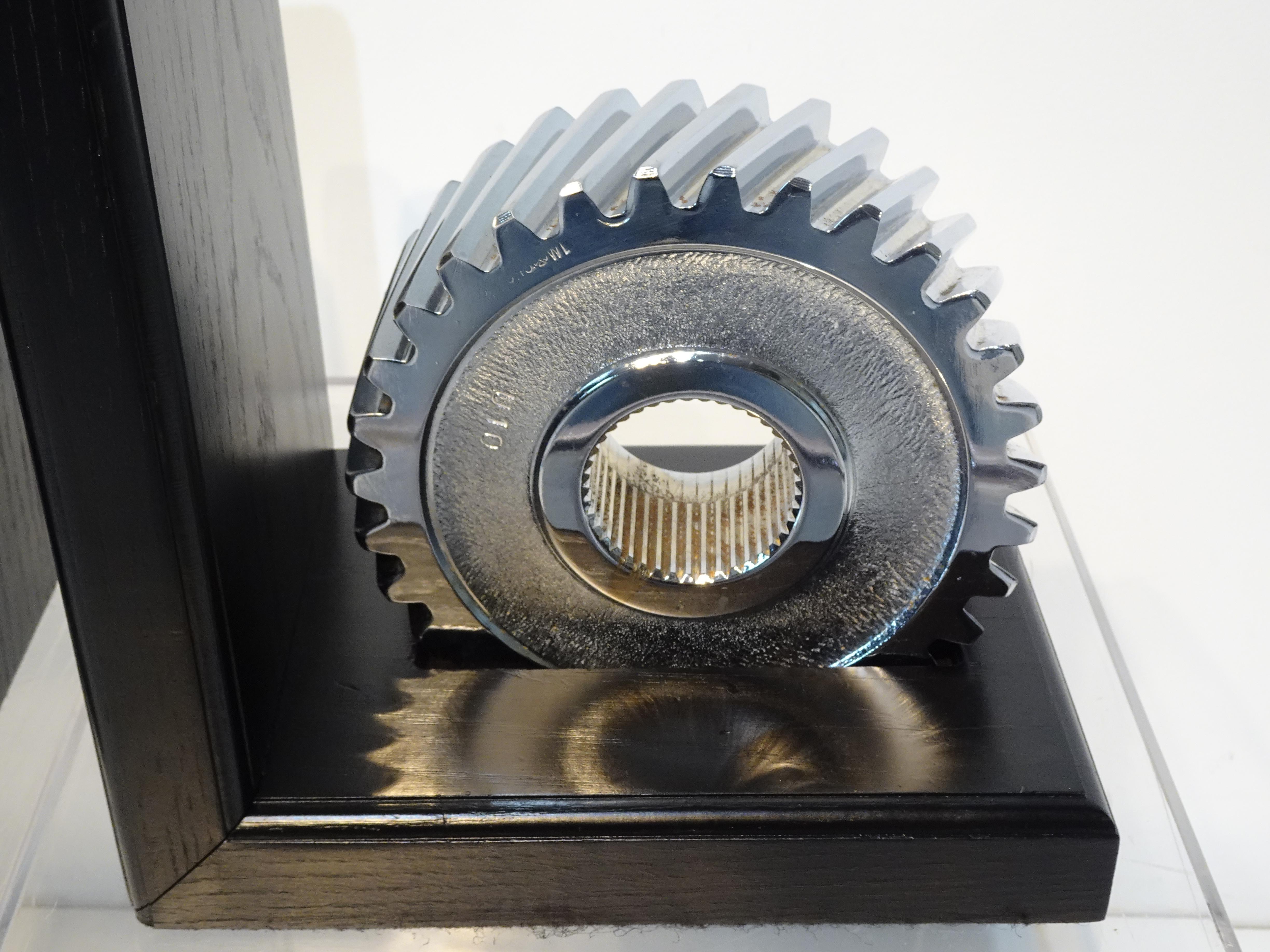 Chromed Industrial Gear / Wood Bookends 2