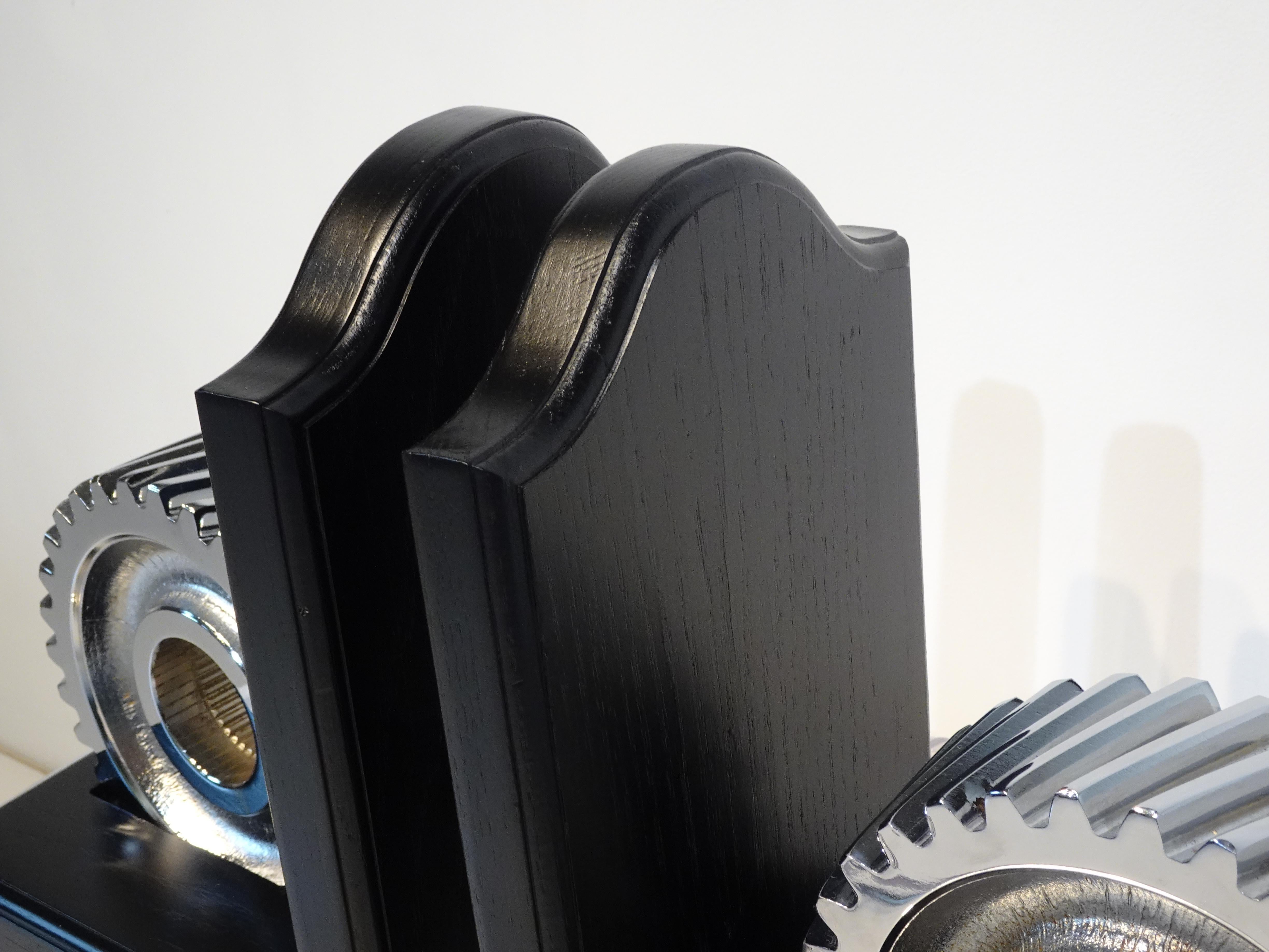 Chromed Industrial Gear / Wood Bookends 3