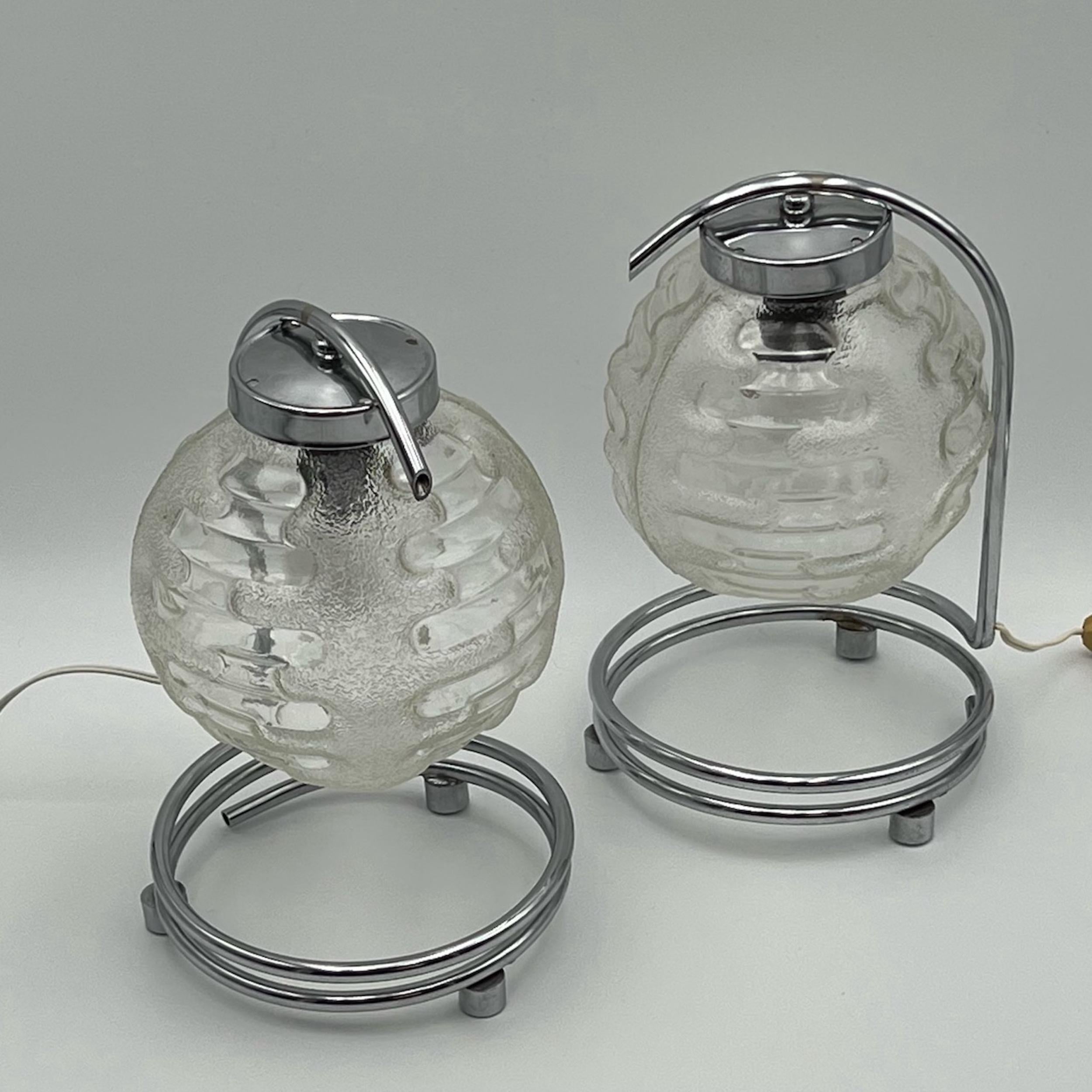 German Chromed Lamps with Patterned Glass Globes by Richard Essig, 1970s, Set of 2 For Sale