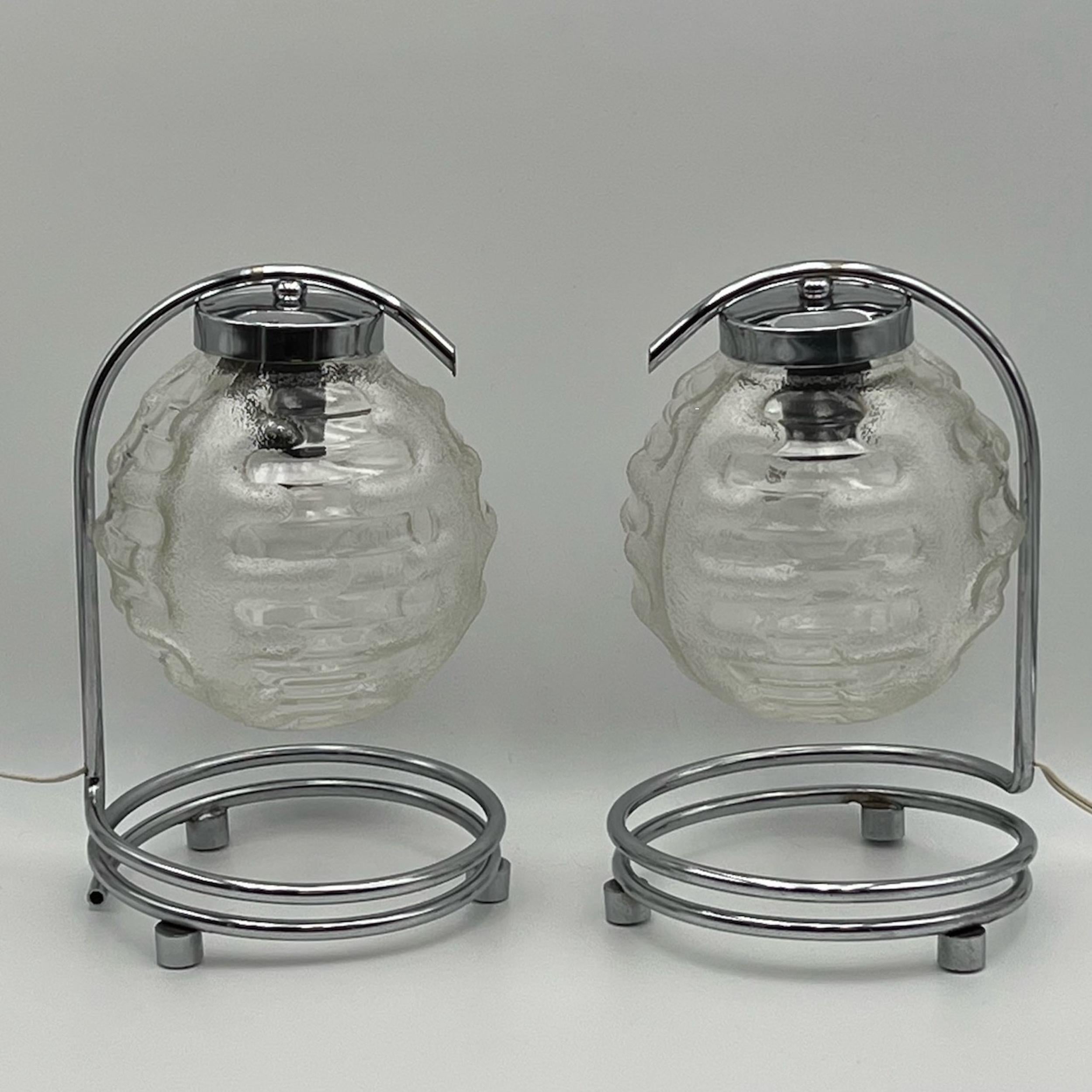 Metal Chromed Lamps with Patterned Glass Globes by Richard Essig, 1970s, Set of 2 For Sale