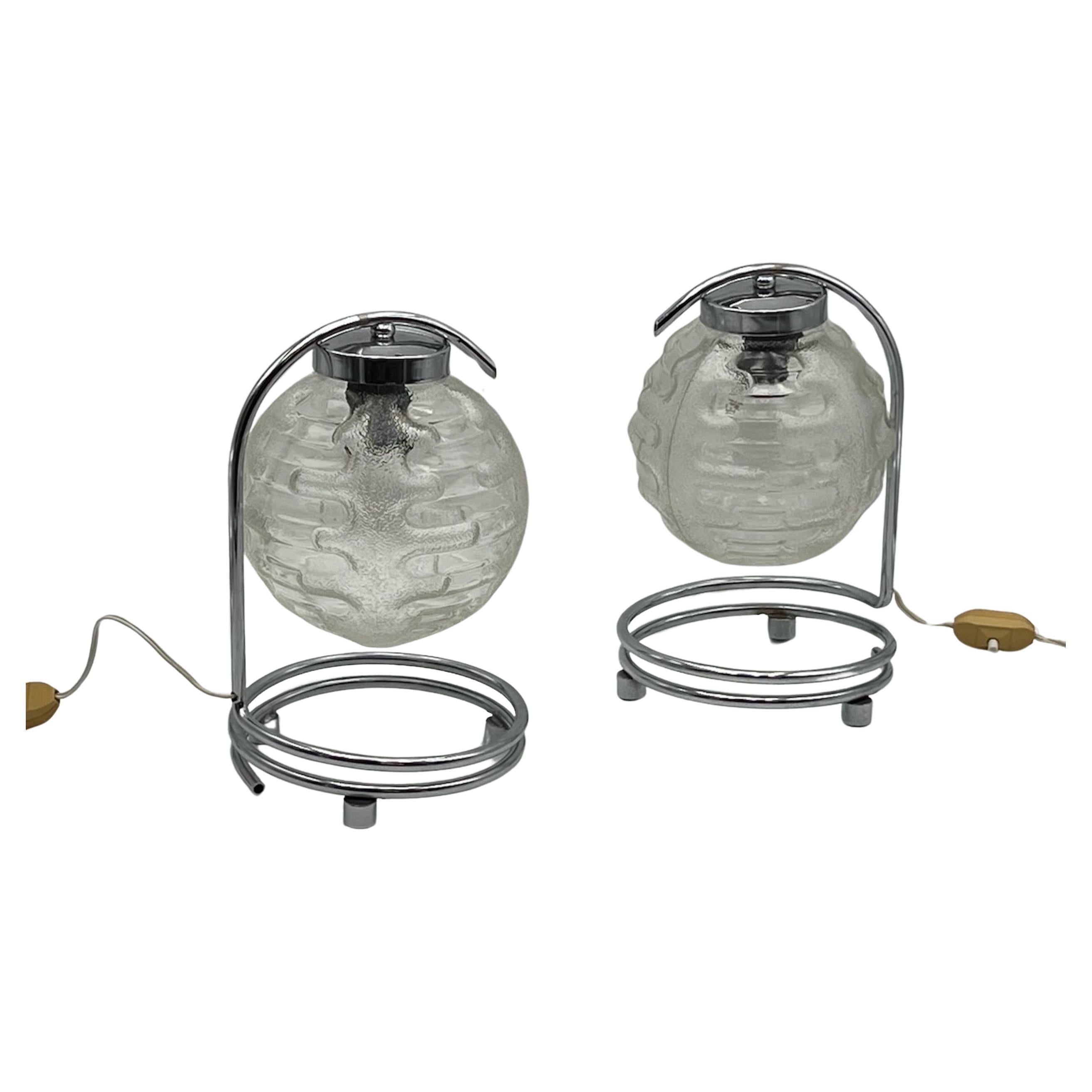 Chromed Lamps with Patterned Glass Globes by Richard Essig, 1970s, Set of 2 For Sale