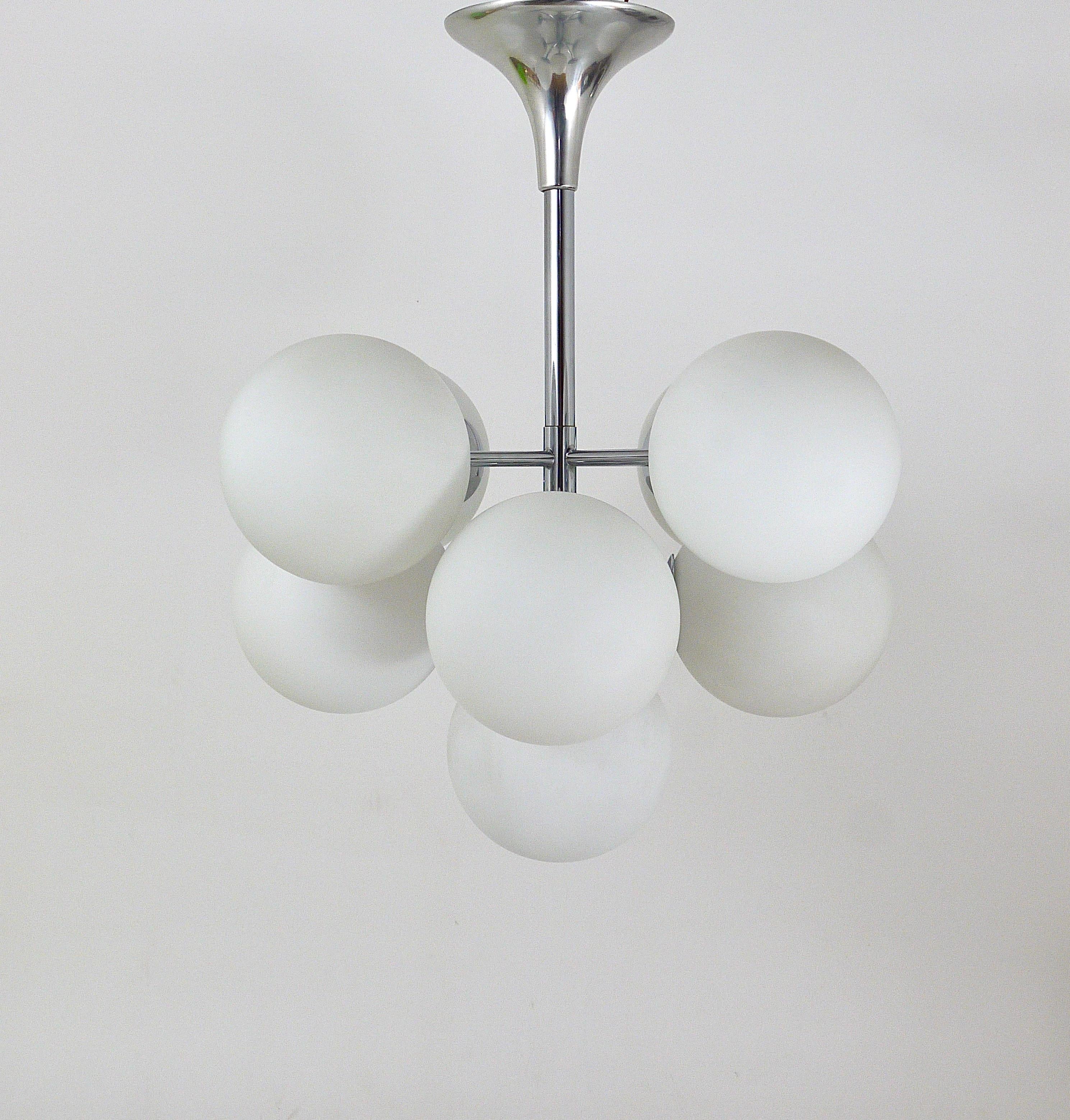 Chromed Atomic Chandelier with White Glass Globes, Temde, Switzerland For Sale 4