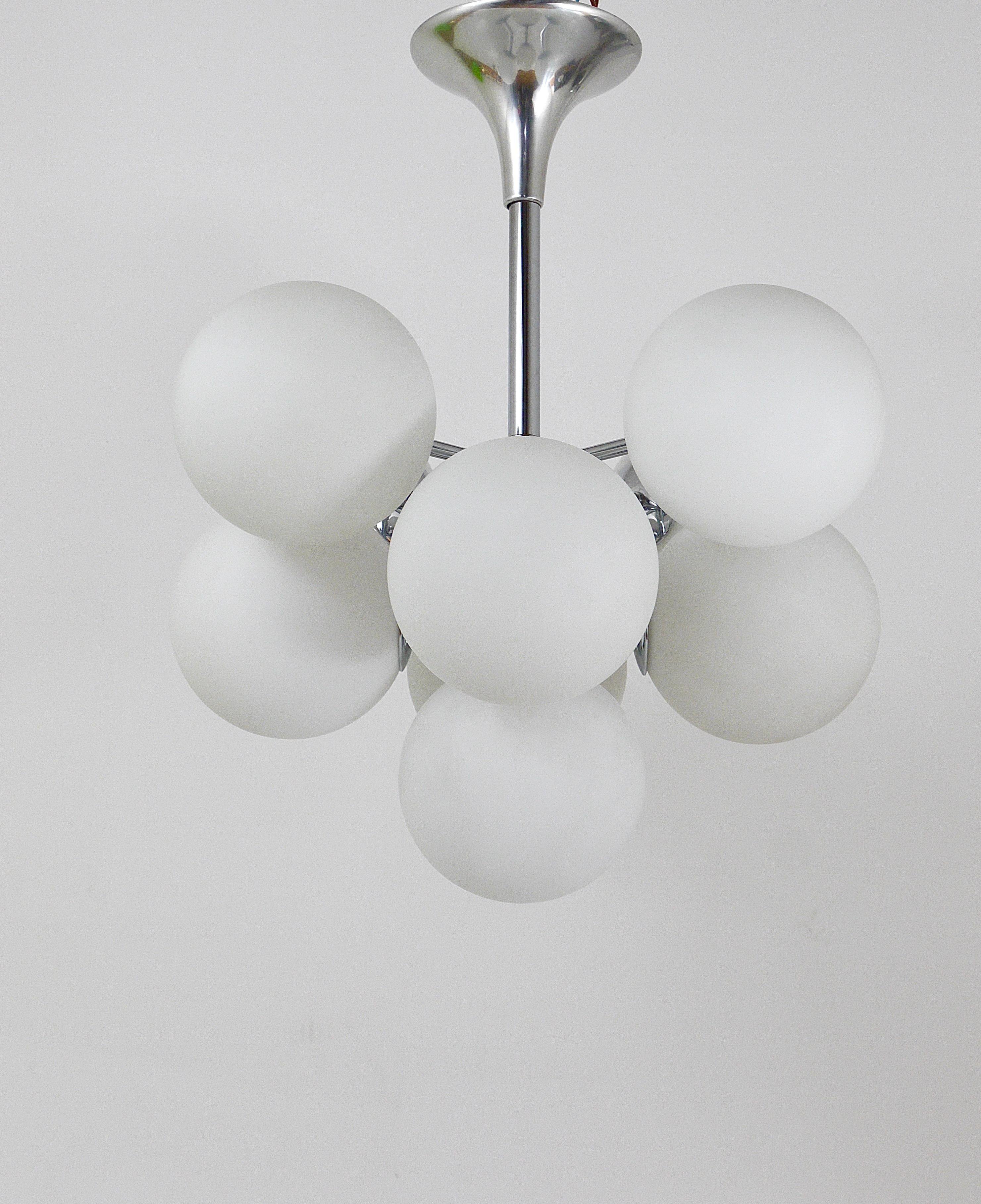Chromed Atomic Chandelier with White Glass Globes, Temde, Switzerland For Sale 5