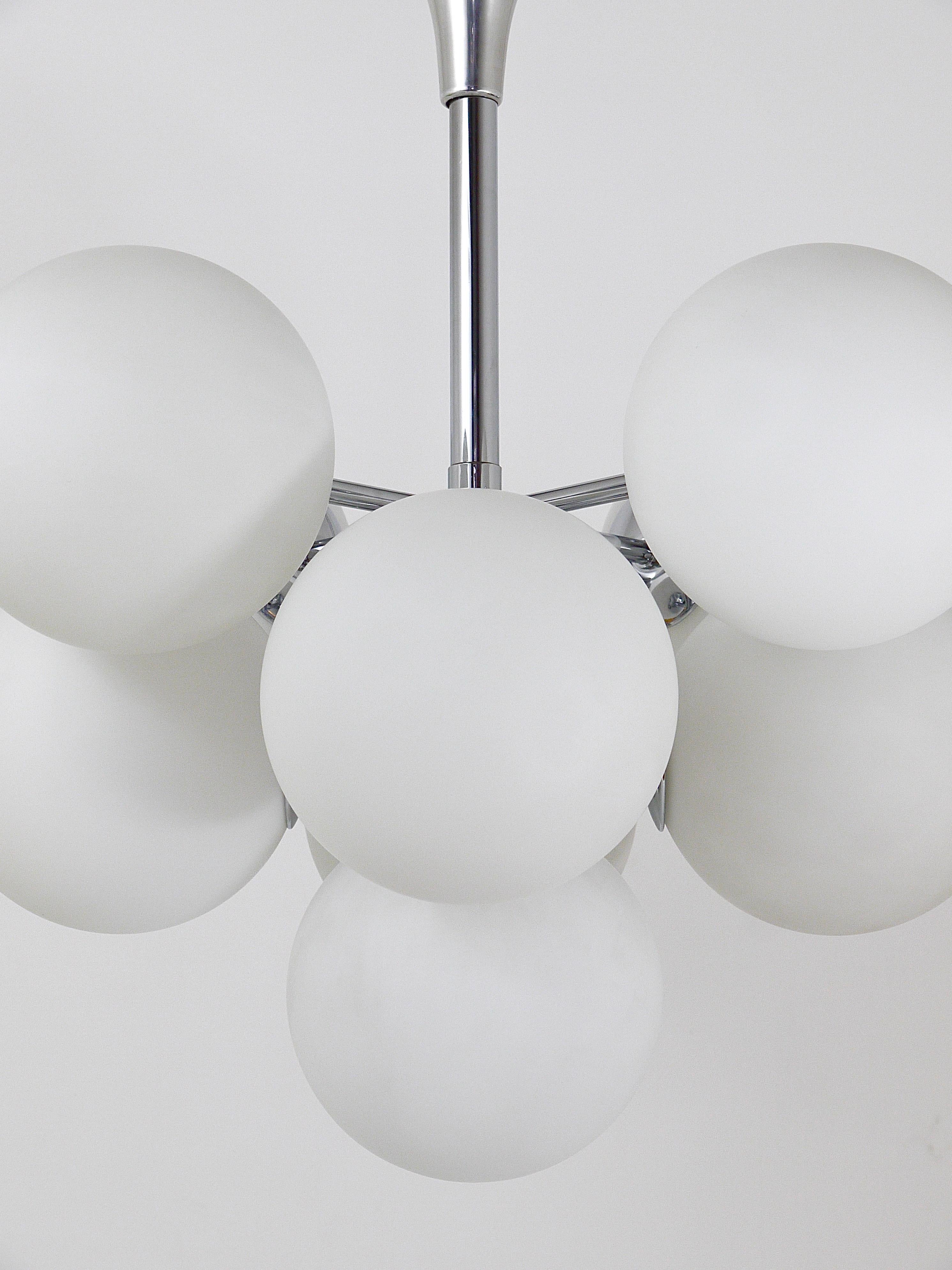 Chromed Atomic Chandelier with White Glass Globes, Temde, Switzerland For Sale 7