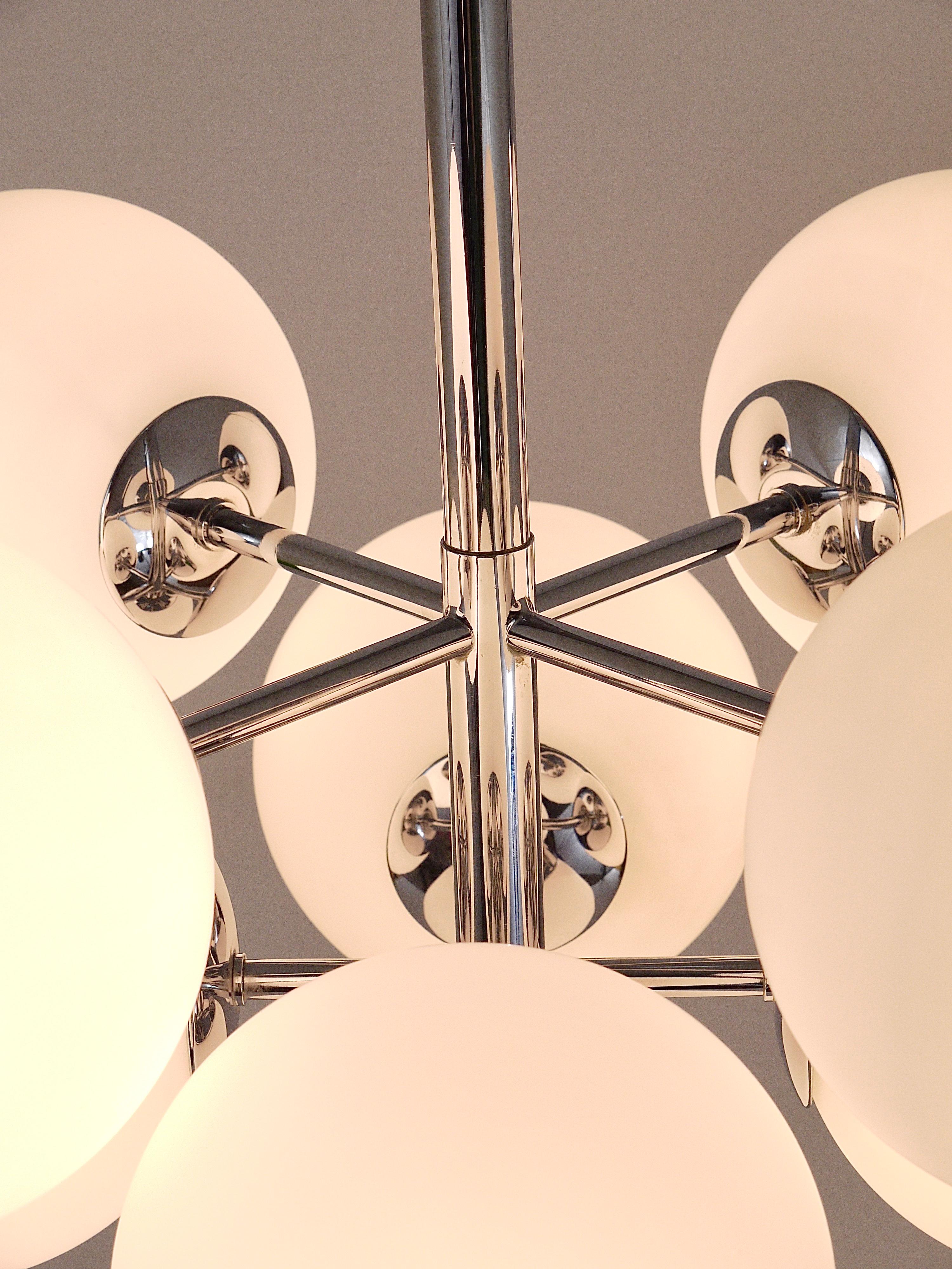Space Age Chromed Atomic Chandelier with White Glass Globes, Temde, Switzerland For Sale