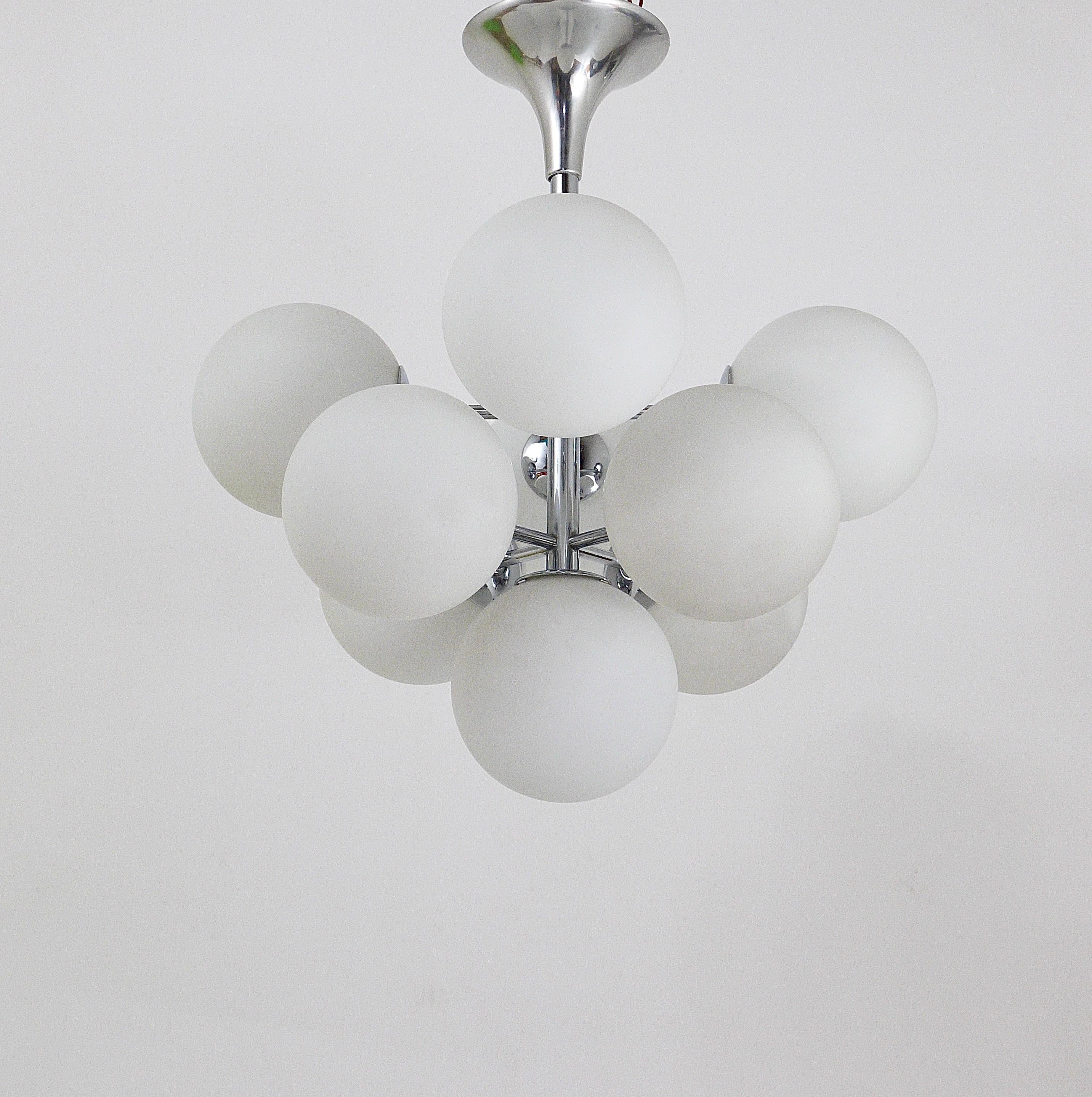 Swiss Chromed Atomic Chandelier with White Glass Globes, Temde, Switzerland For Sale