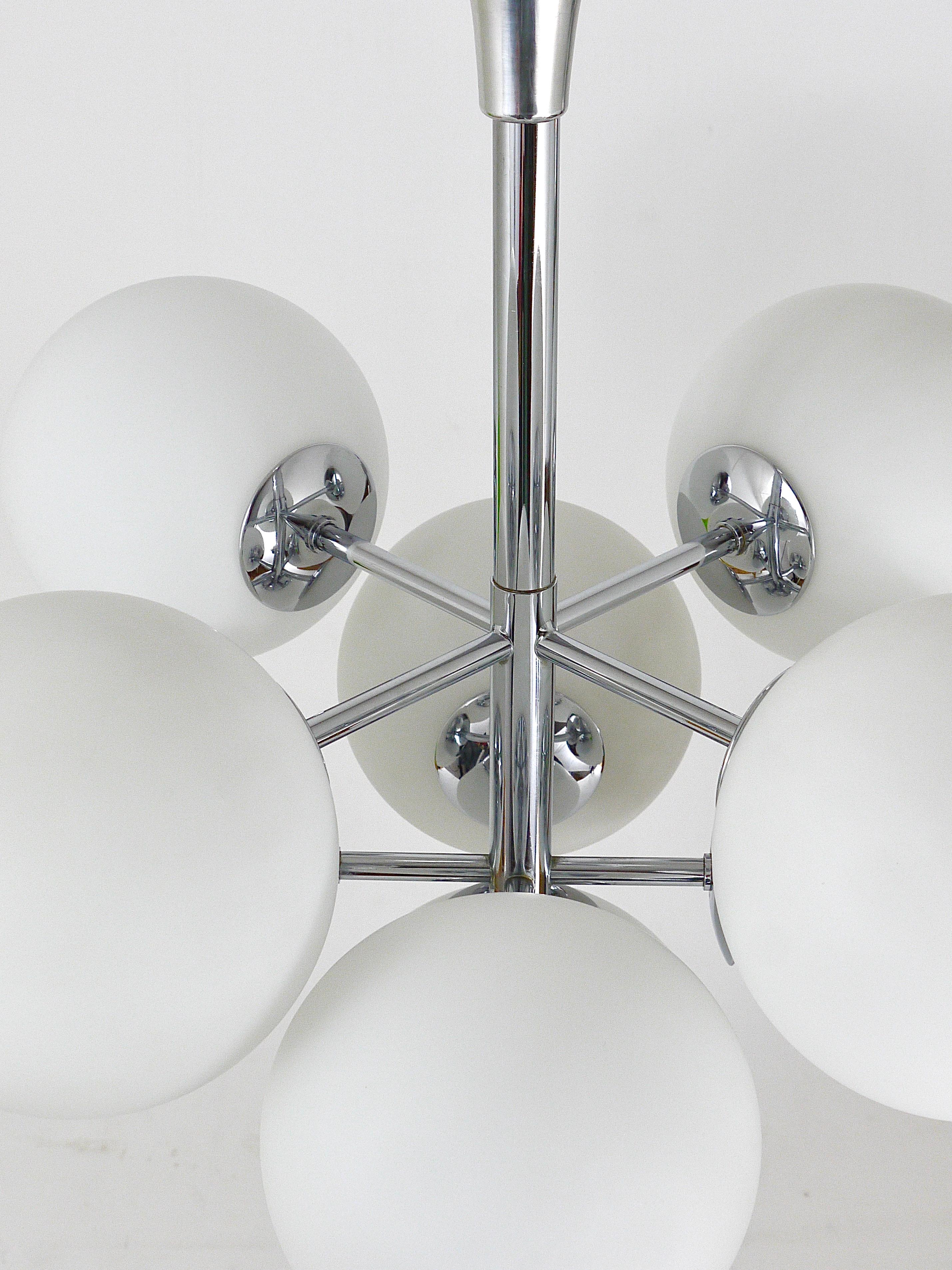 20th Century Chromed Atomic Chandelier with White Glass Globes, Temde, Switzerland For Sale