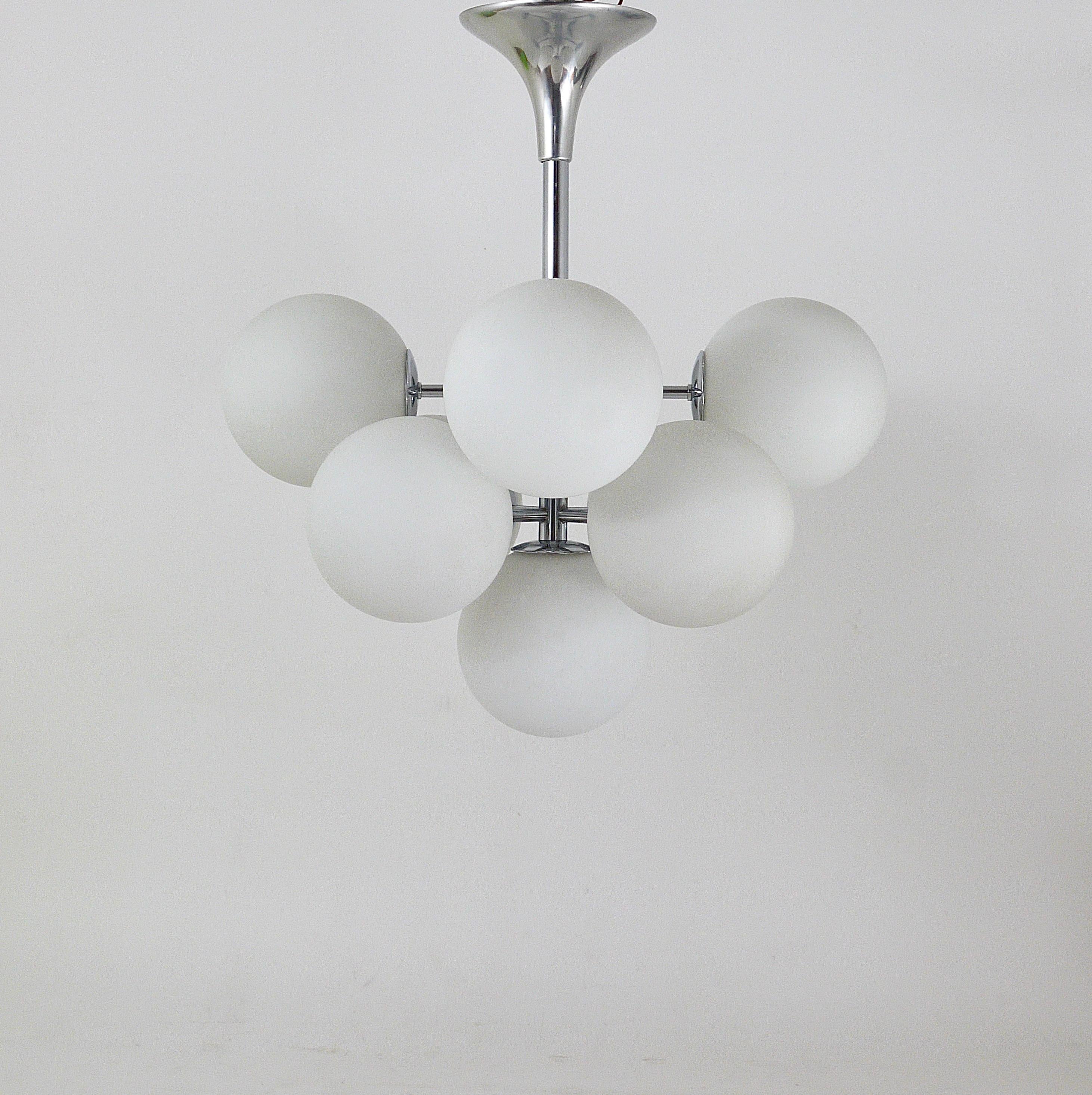 Milk Glass Chromed Atomic Chandelier with White Glass Globes, Temde, Switzerland For Sale
