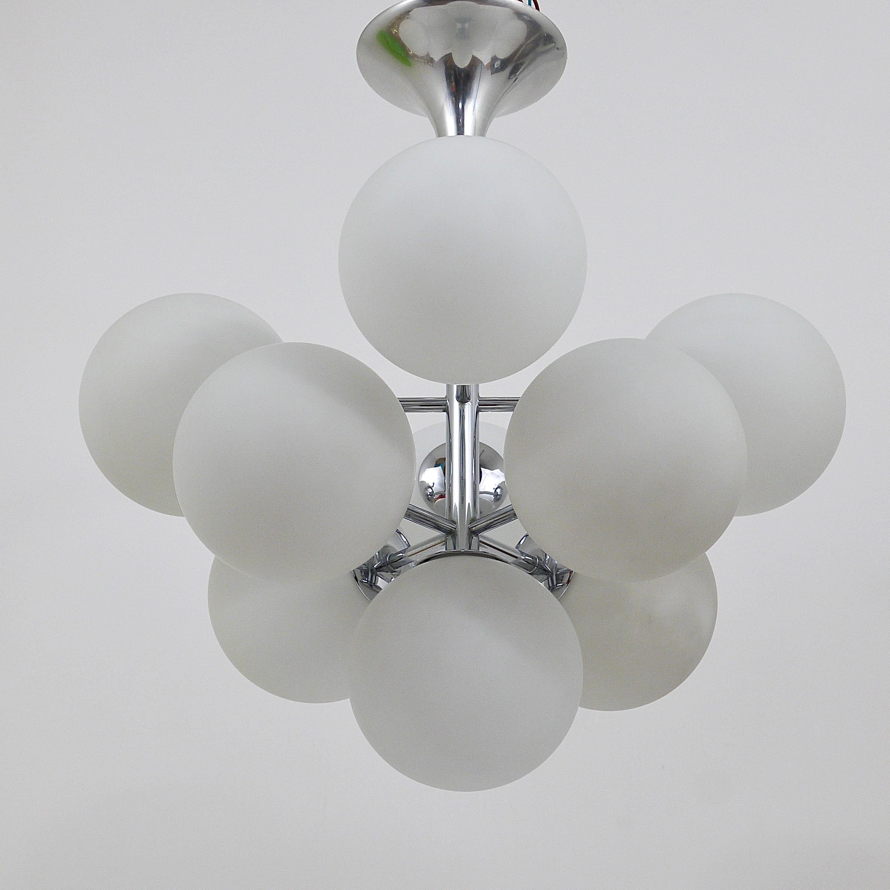 Chromed Atomic Chandelier with White Glass Globes, Temde, Switzerland For Sale 1