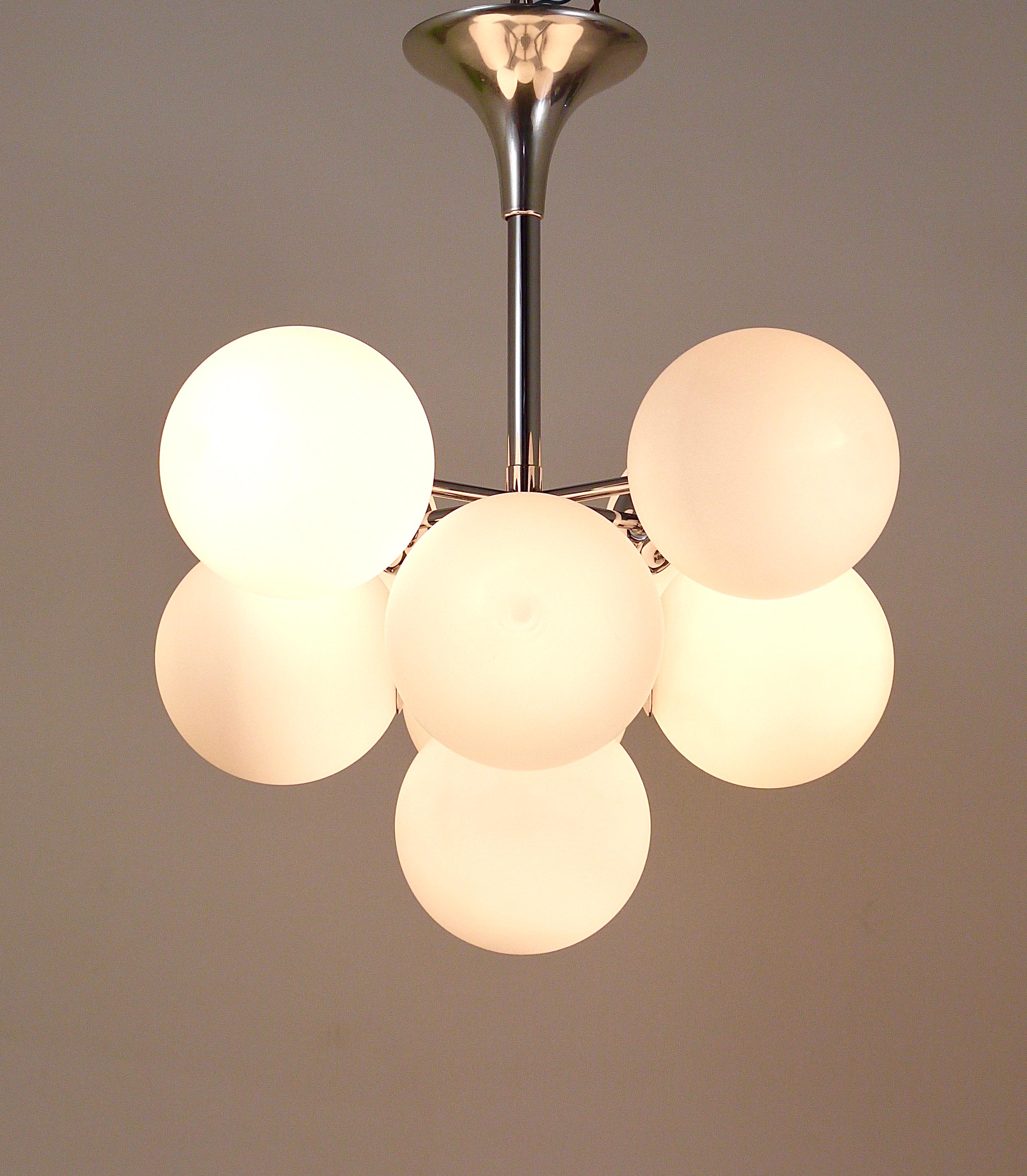 Chromed Atomic Chandelier with White Glass Globes, Temde, Switzerland For Sale 2