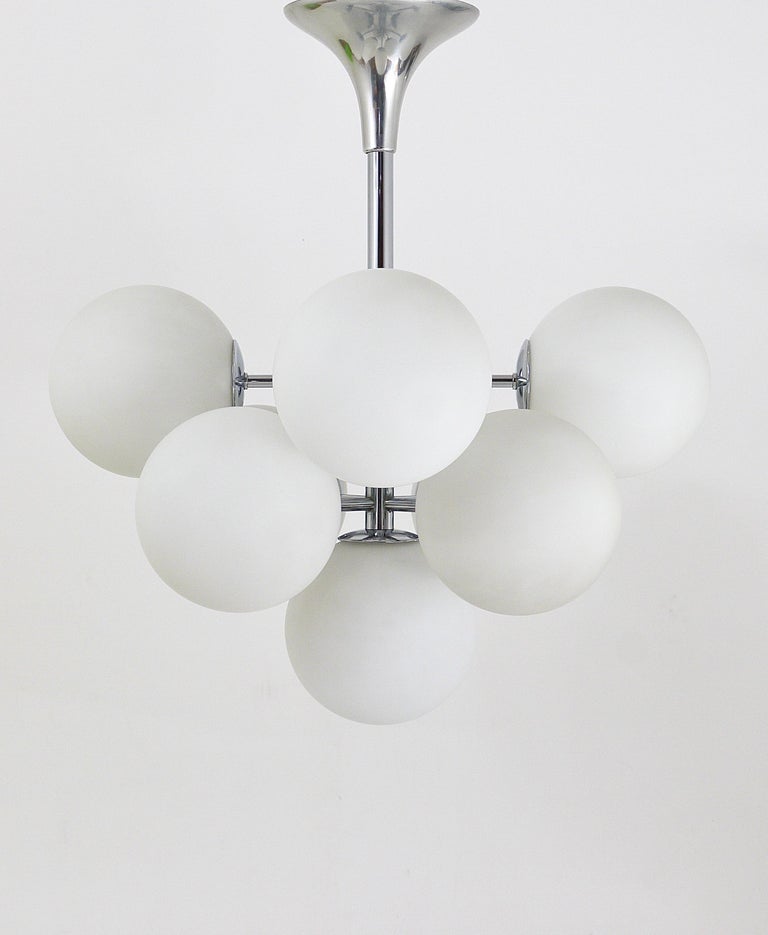 Chromed Atomic Chandelier With White, Chandelier With White Glass Shades