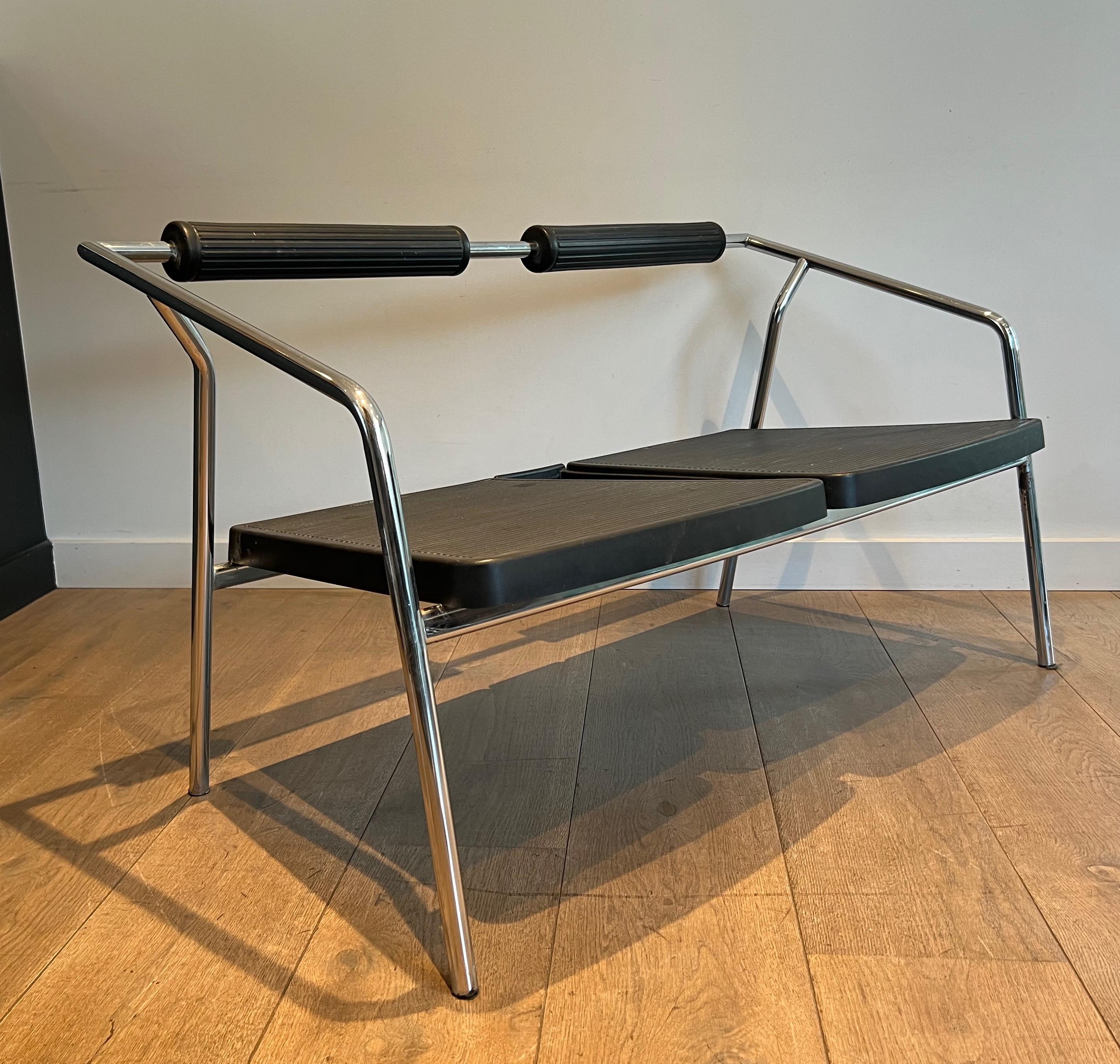 Mid-Century Modern Chromed Metal and Black Rubber Design Sofa Signed System. French work.  For Sale