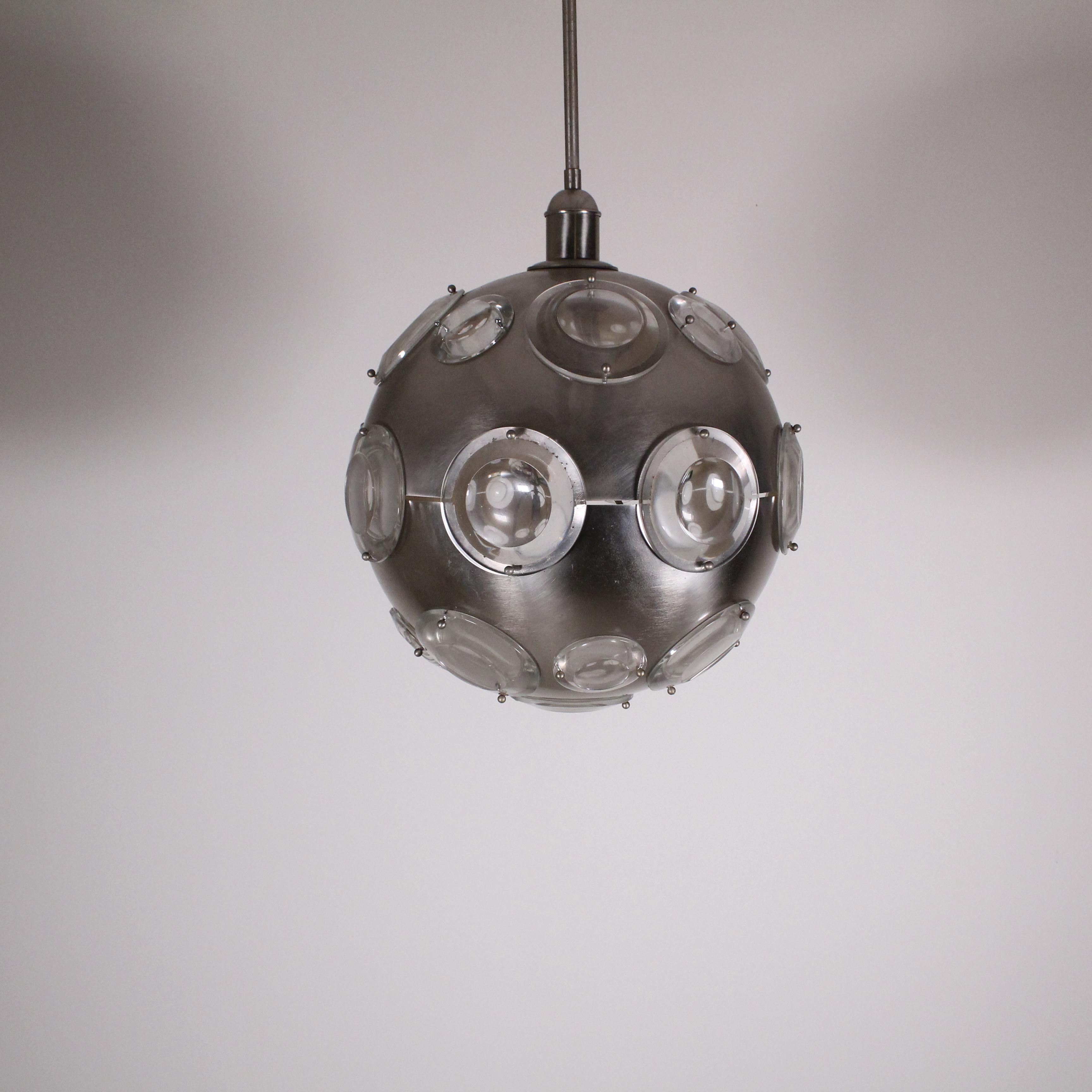 Chromed metal chandelier and glass lens diffusers, Oscar Torlasco, circa 1970 For Sale 4
