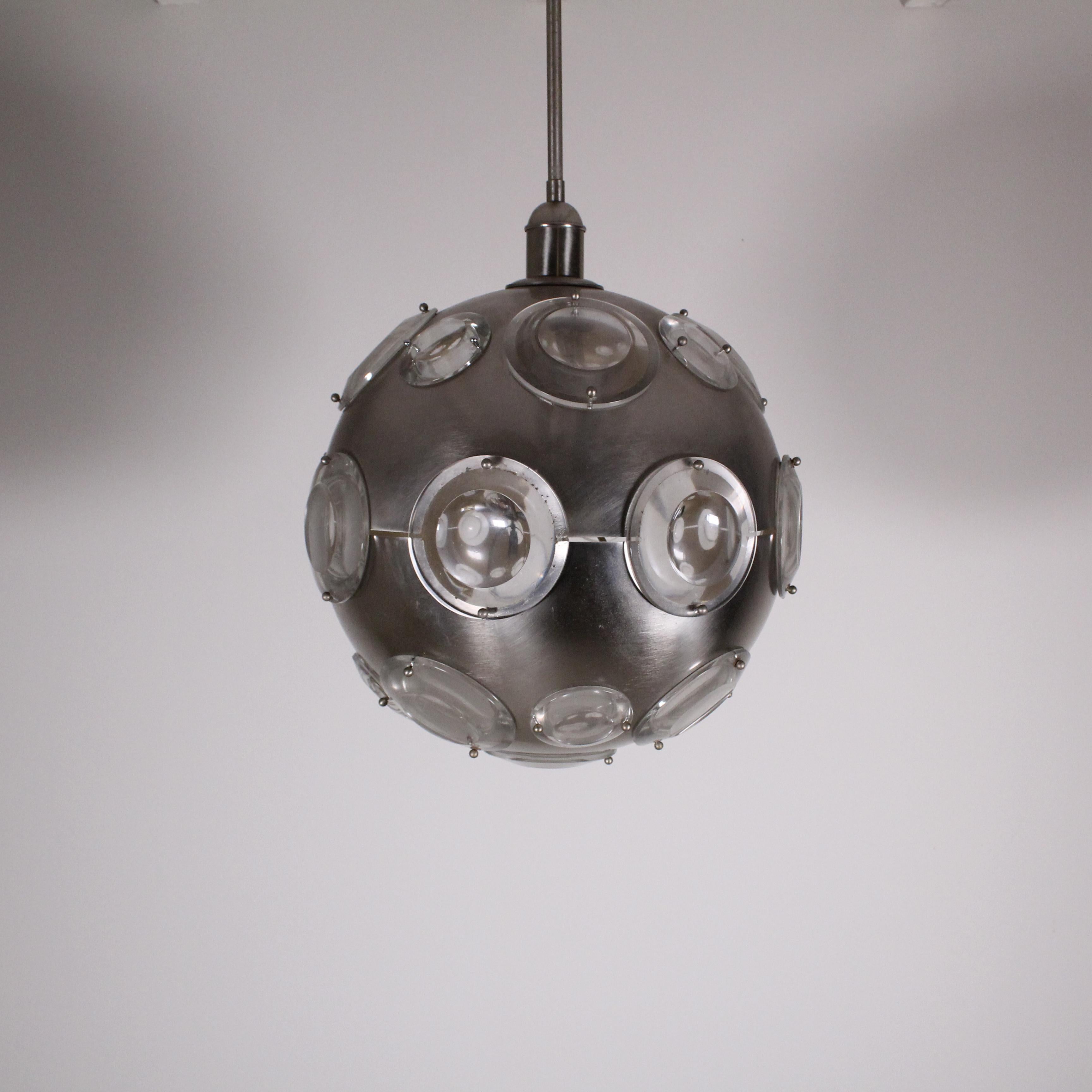 Chromed metal chandelier and glass lens diffusers, Oscar Torlasco, circa 1970 For Sale 6