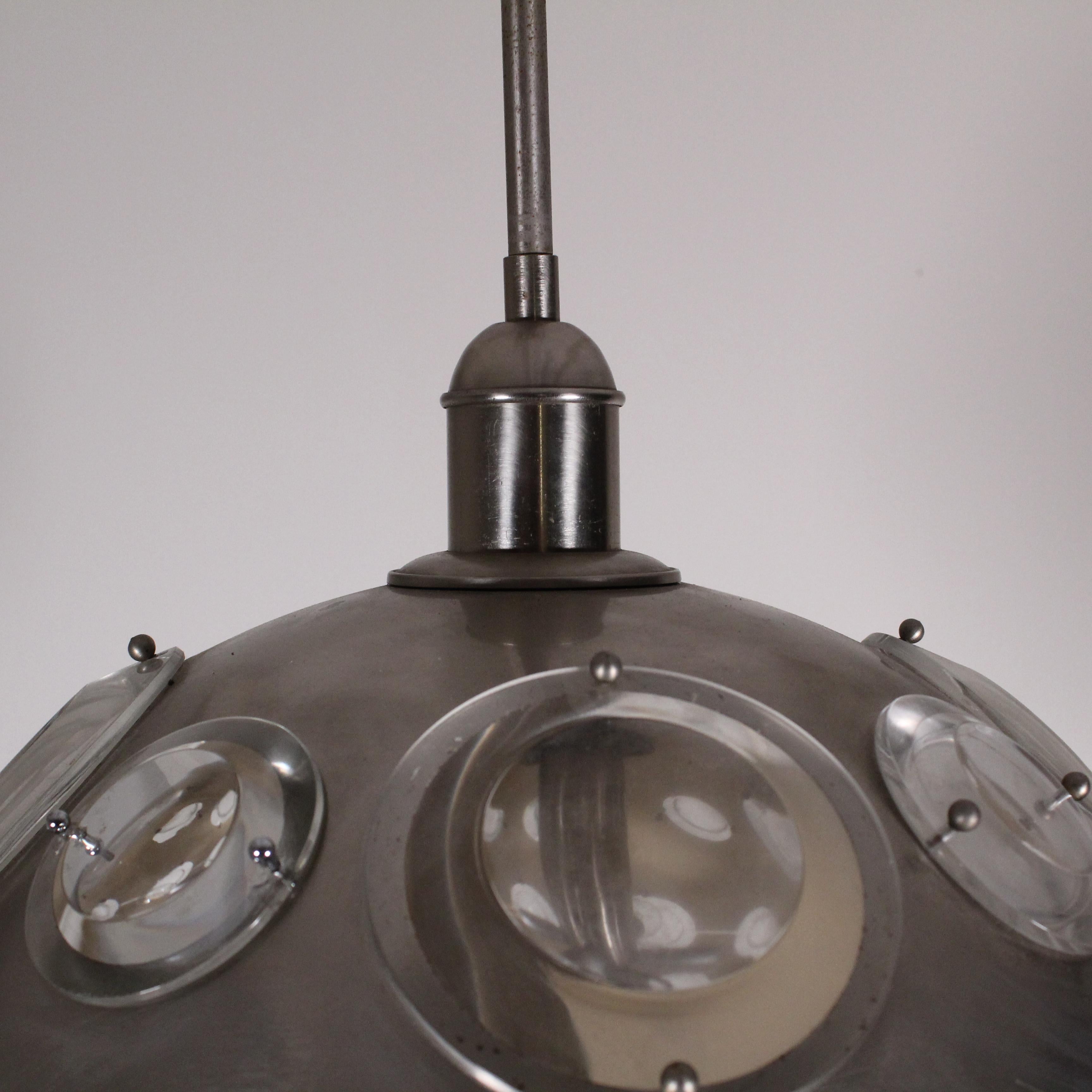 Chromed metal chandelier and glass lens diffusers, Oscar Torlasco, circa 1970 For Sale 7