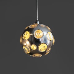 Chromed metal chandelier and glass lens diffusers, Oscar Torlasco, circa 1970