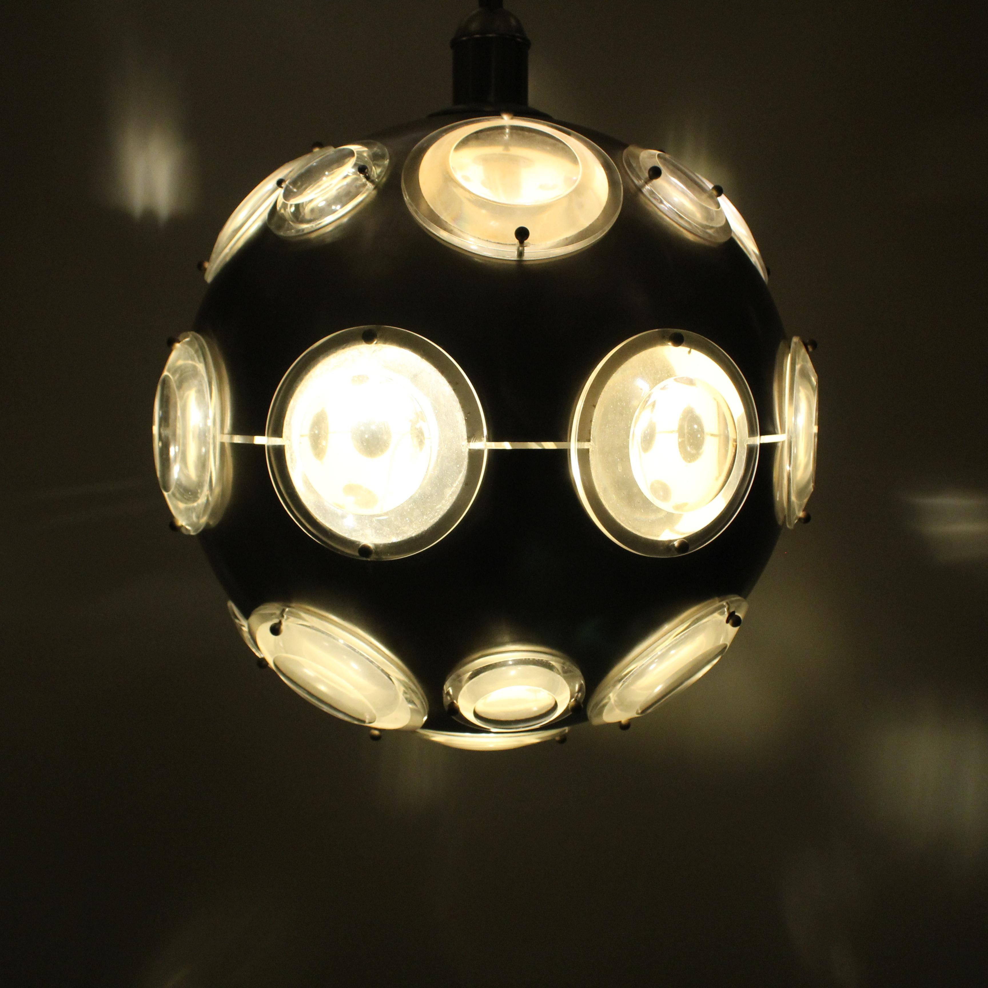 Space Age Chromed metal chandelier and glass lens diffusers, Oscar Torlasco, circa 1970 For Sale
