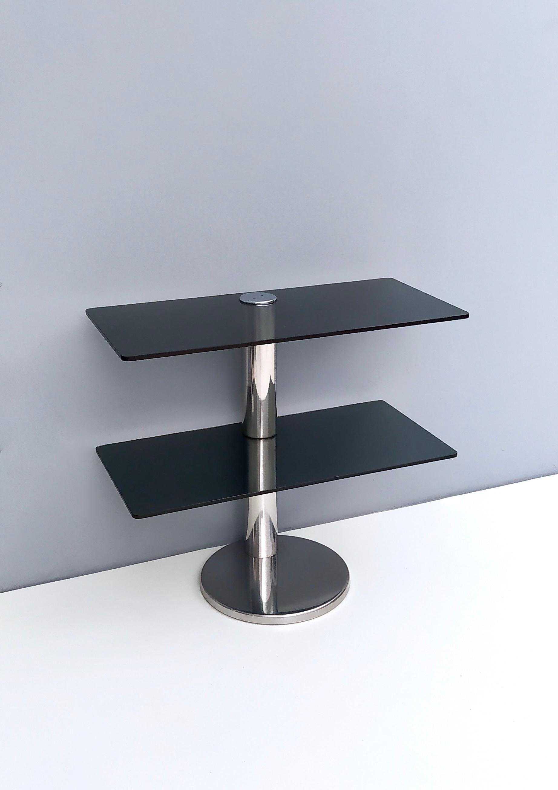 Postmodern Chromed Metal Console Table with Two Smoked Glass Shelves, Italy For Sale 2