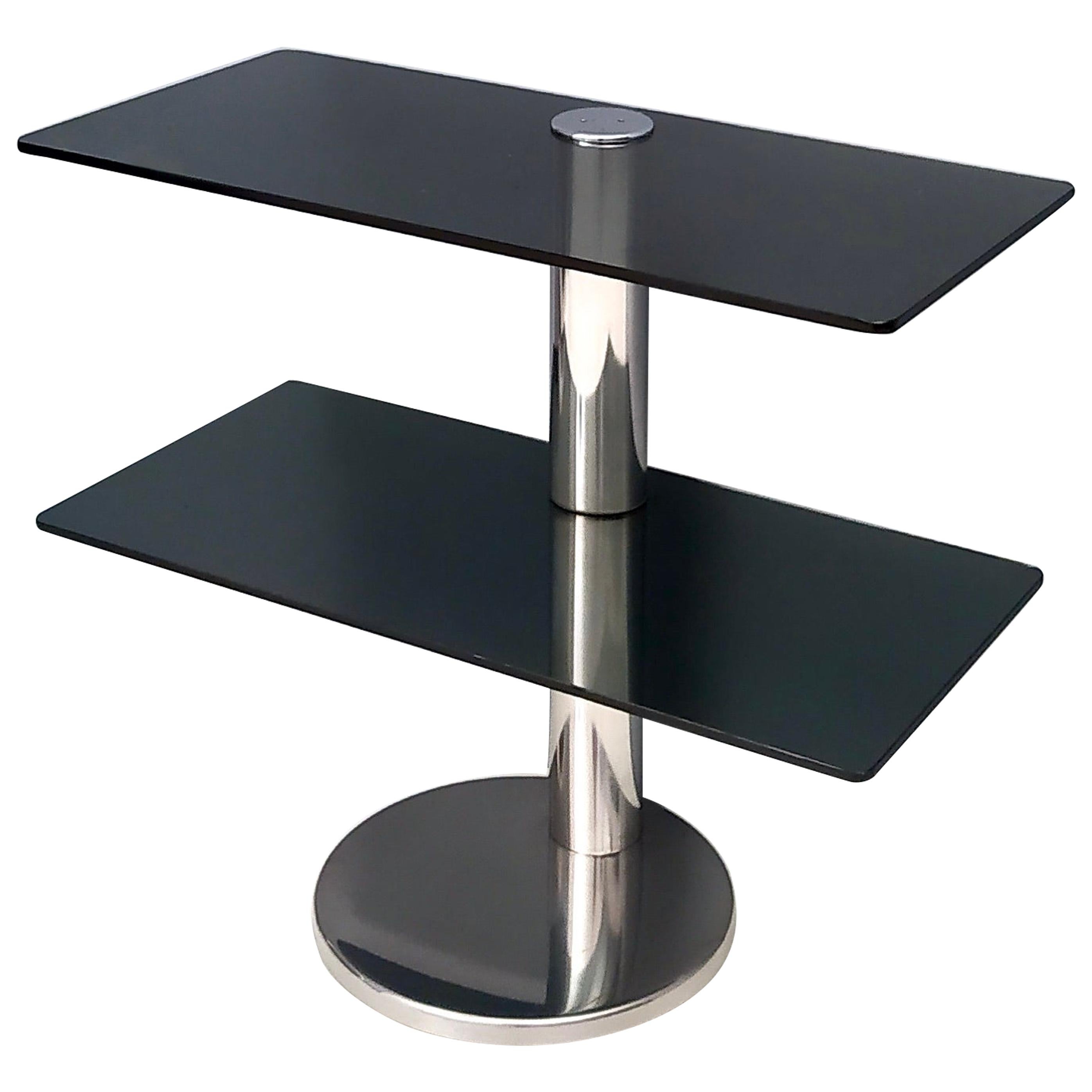 Table console postmoderne en métal chromé avec deux étagères en verre fumé, Italie