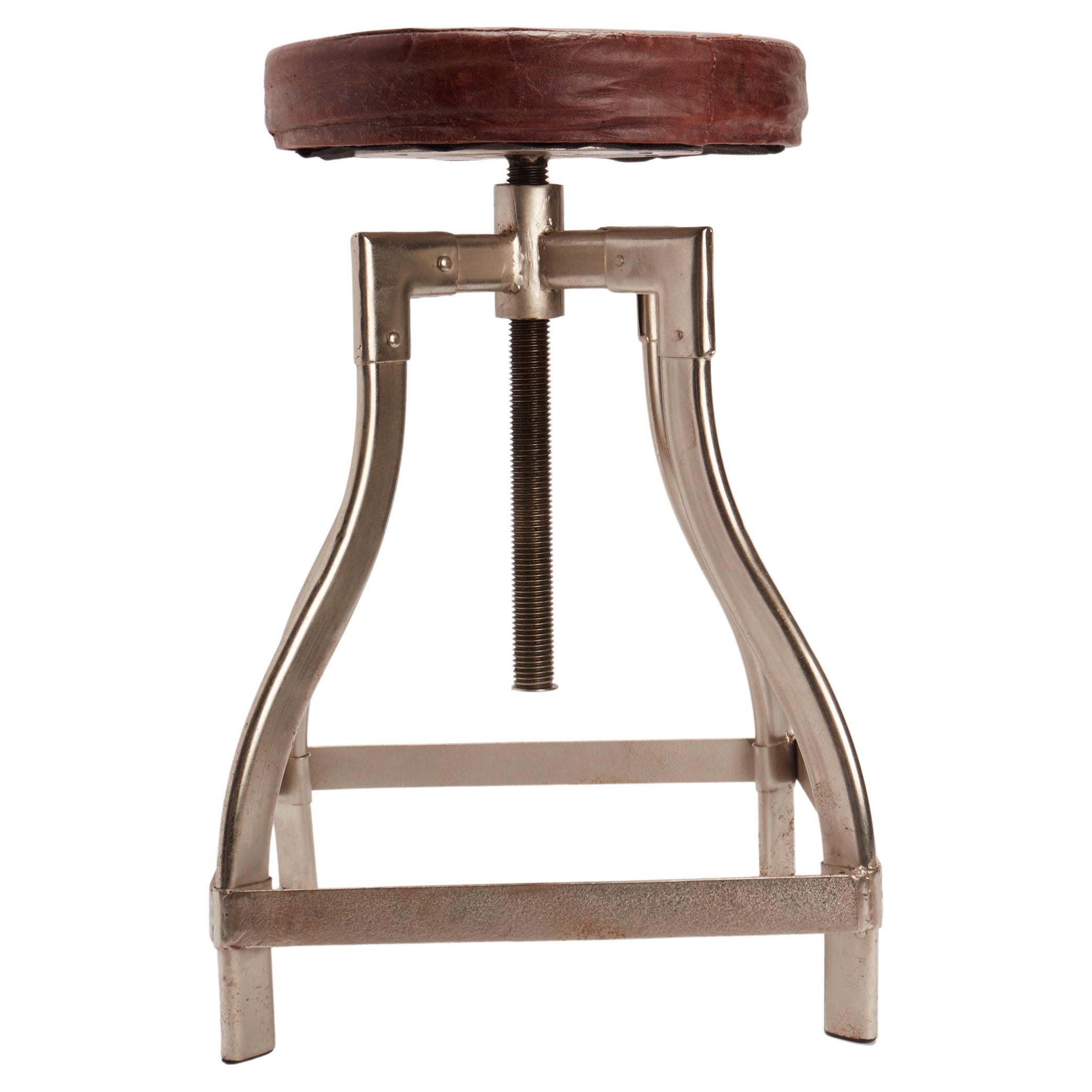 Chromed Metal Stool with Leather Top, USA, 1930 For Sale