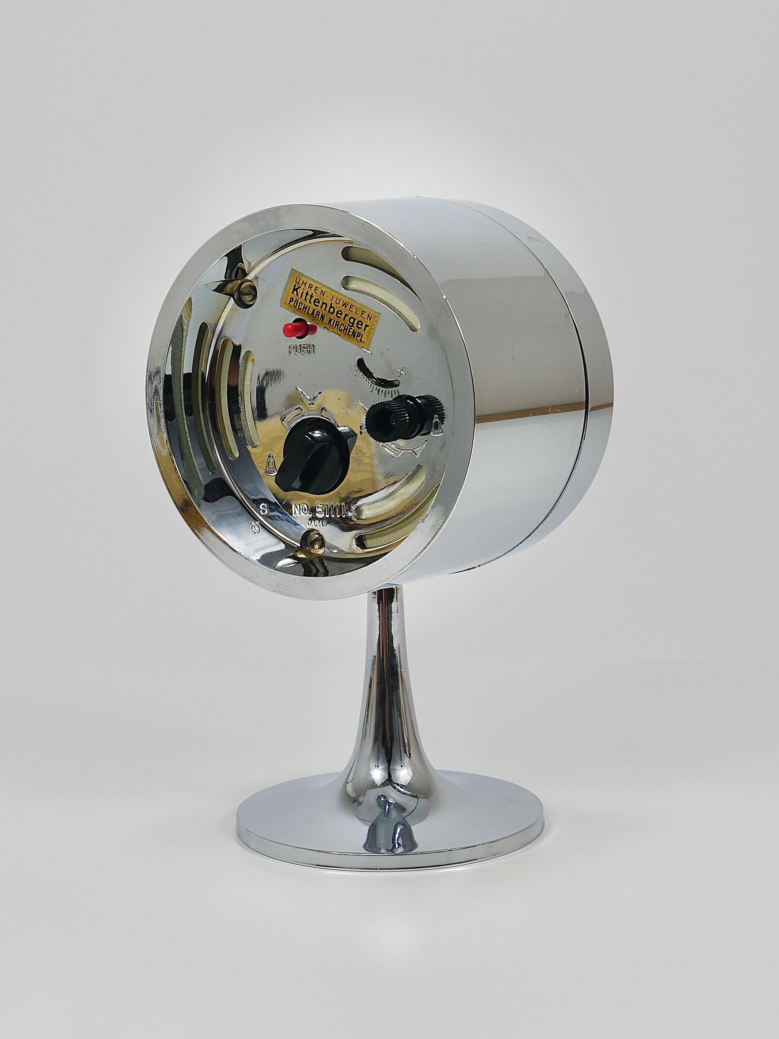 Chromed Space Age Table Desk Alarm Clock with Tulip Base by Rhythm, Japan, 1970s 6