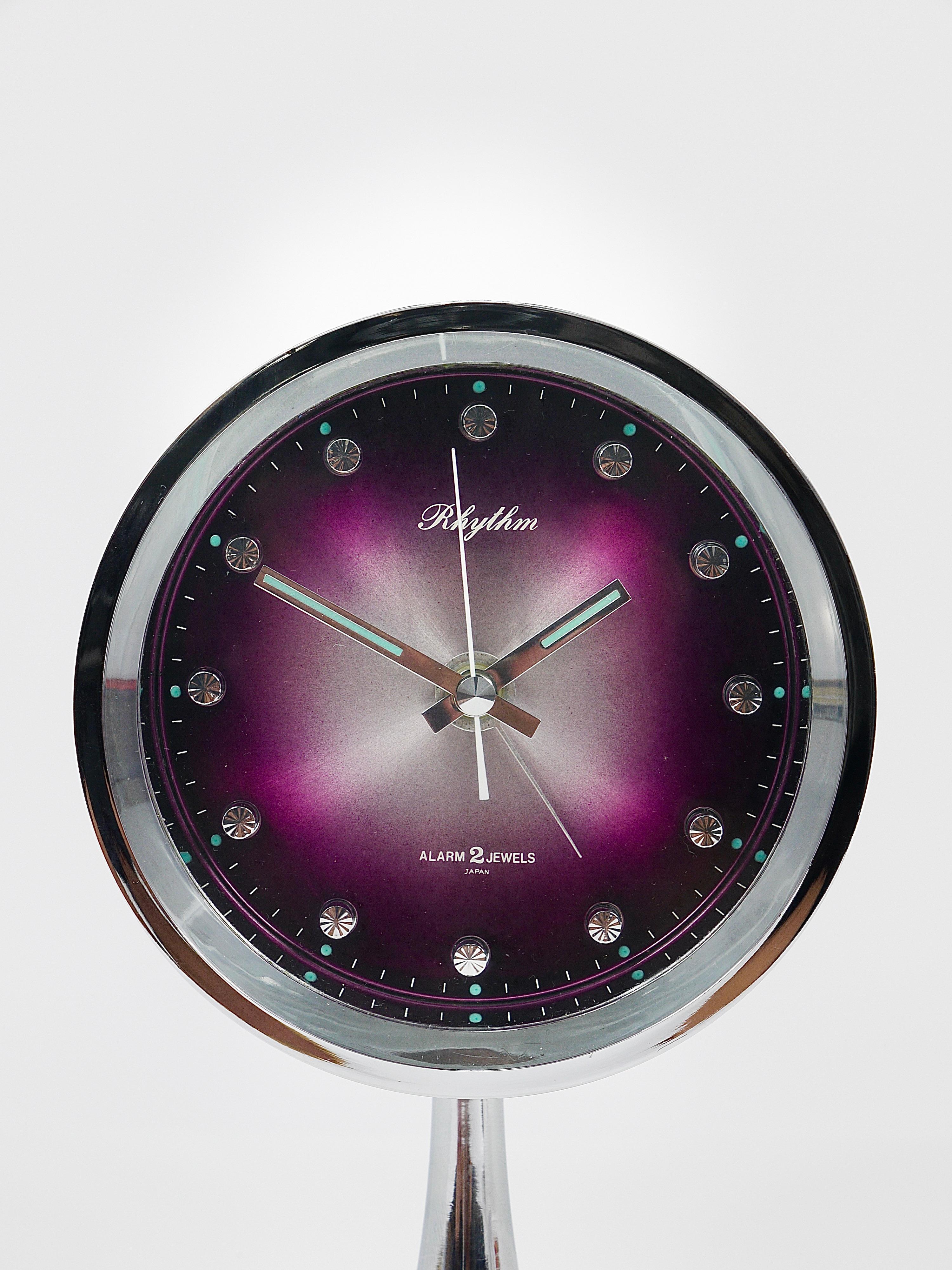 Mid-Century Modern Chromed Space Age Table Desk Alarm Clock with Tulip Base by Rhythm, Japan, 1970s
