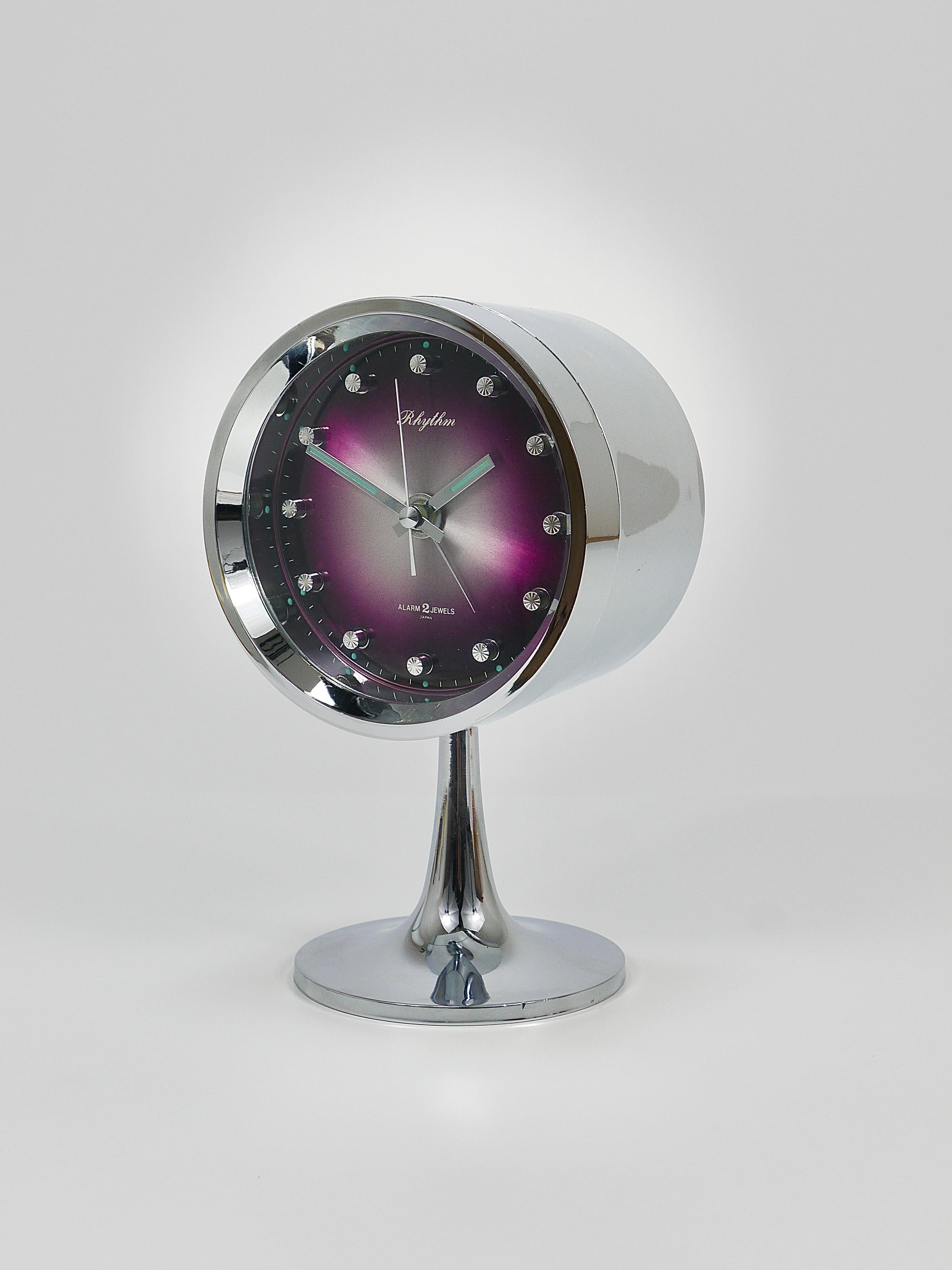 Japanese Chromed Space Age Table Desk Alarm Clock with Tulip Base by Rhythm, Japan, 1970s