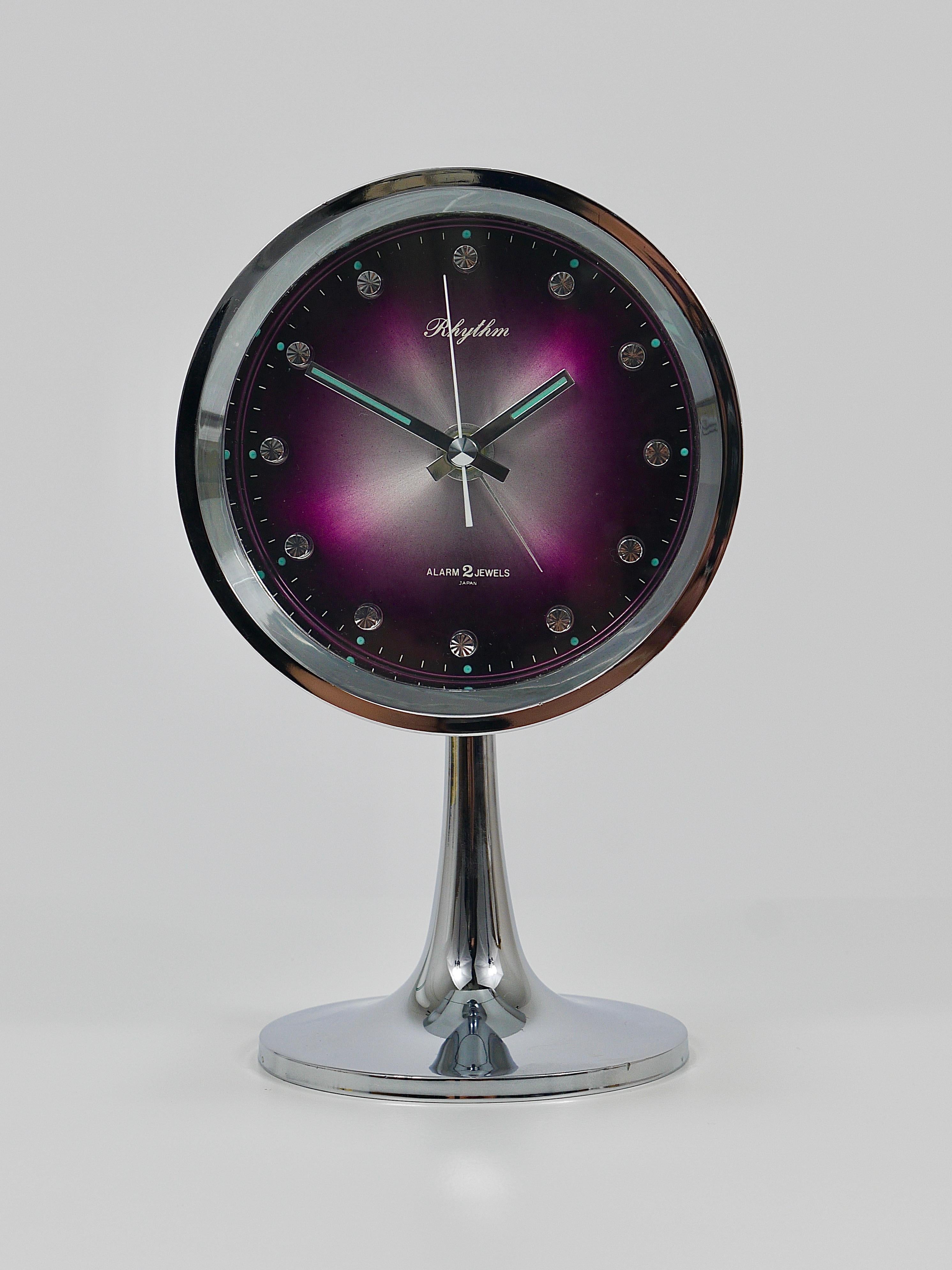 Chromed Space Age Table Desk Alarm Clock with Tulip Base by Rhythm, Japan, 1970s 3