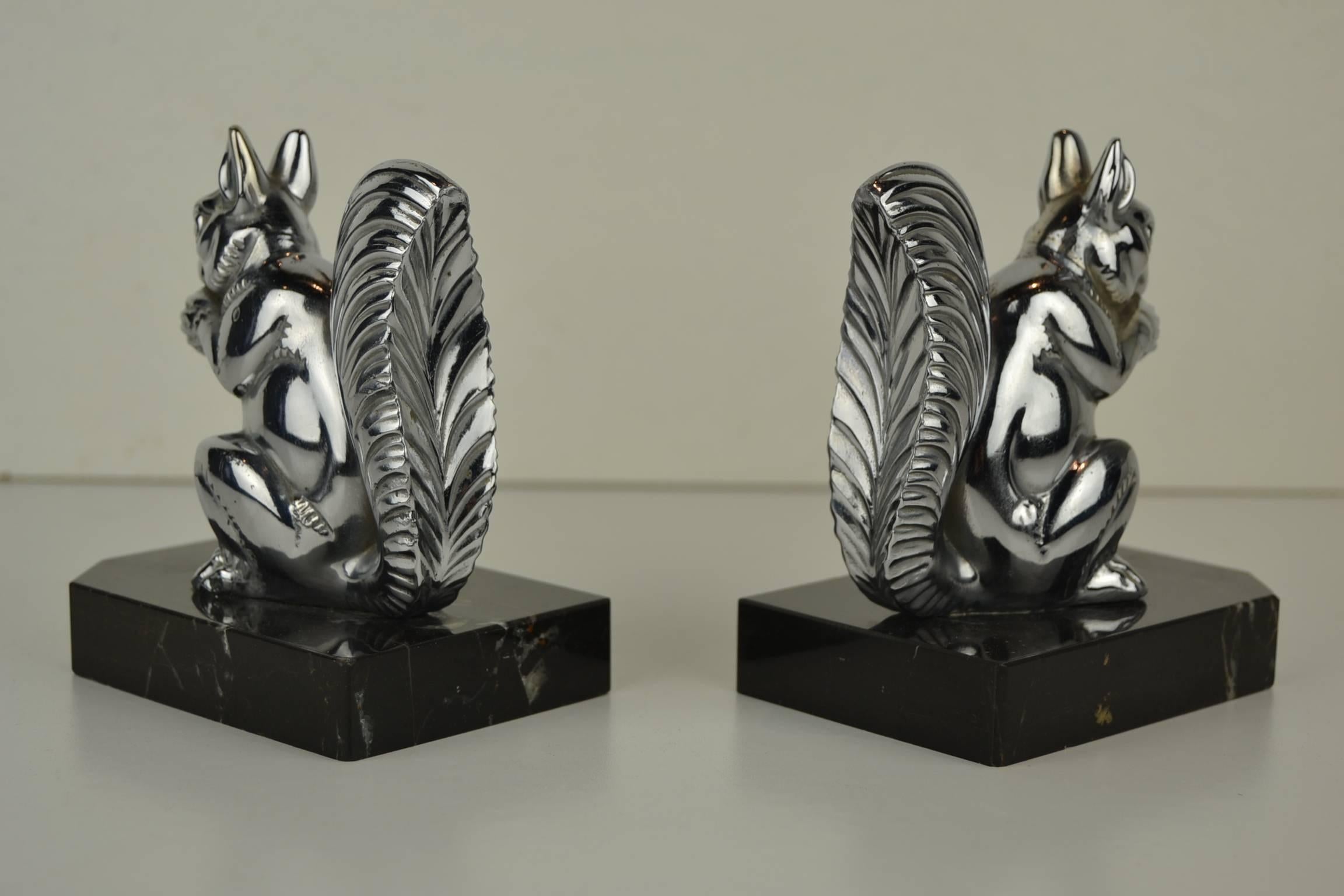 European Chromed Squirrel Bookends on Marble Bases, Art Deco, 1930s