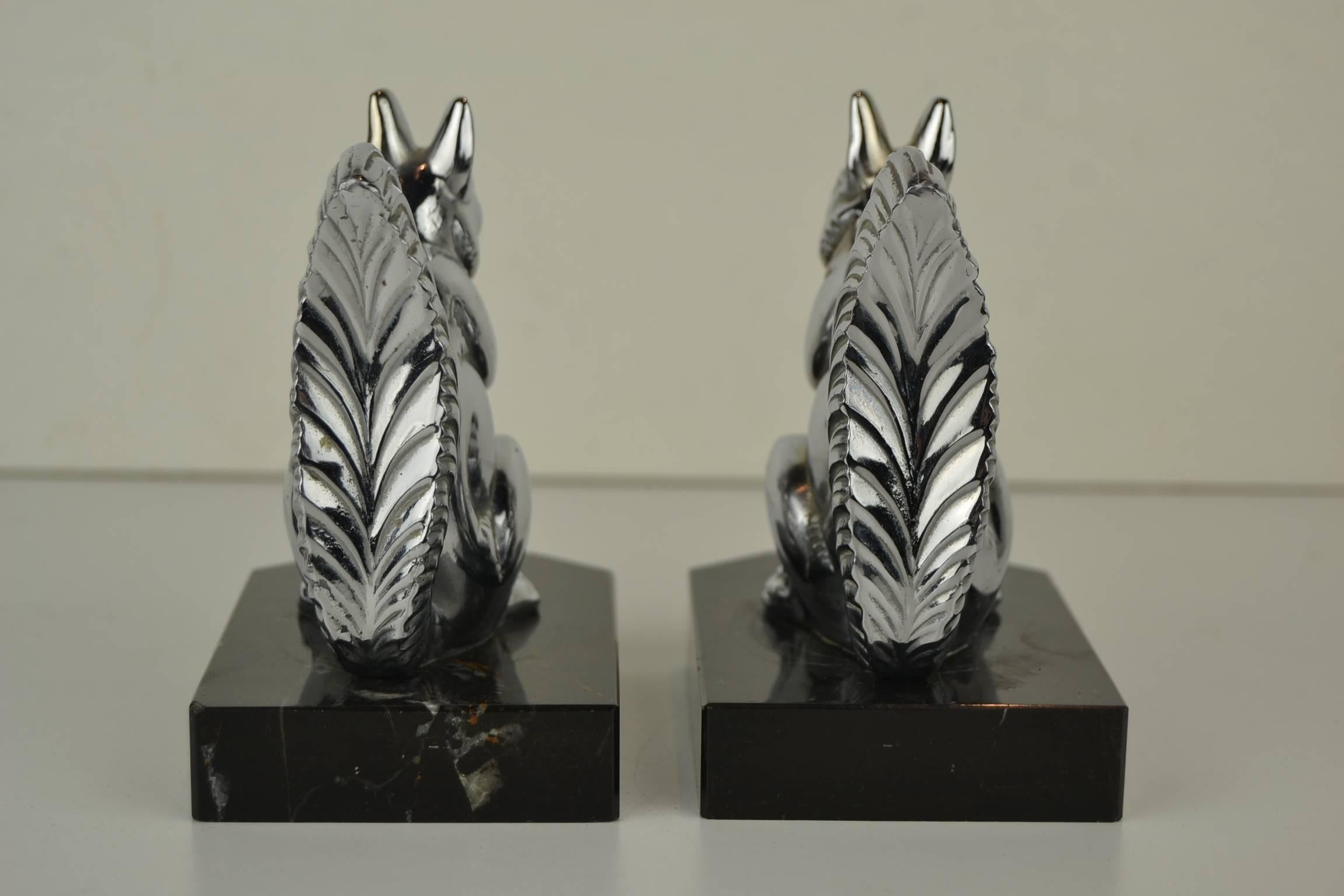 Chromed Squirrel Bookends on Marble Bases, Art Deco, 1930s In Good Condition In Antwerp, BE