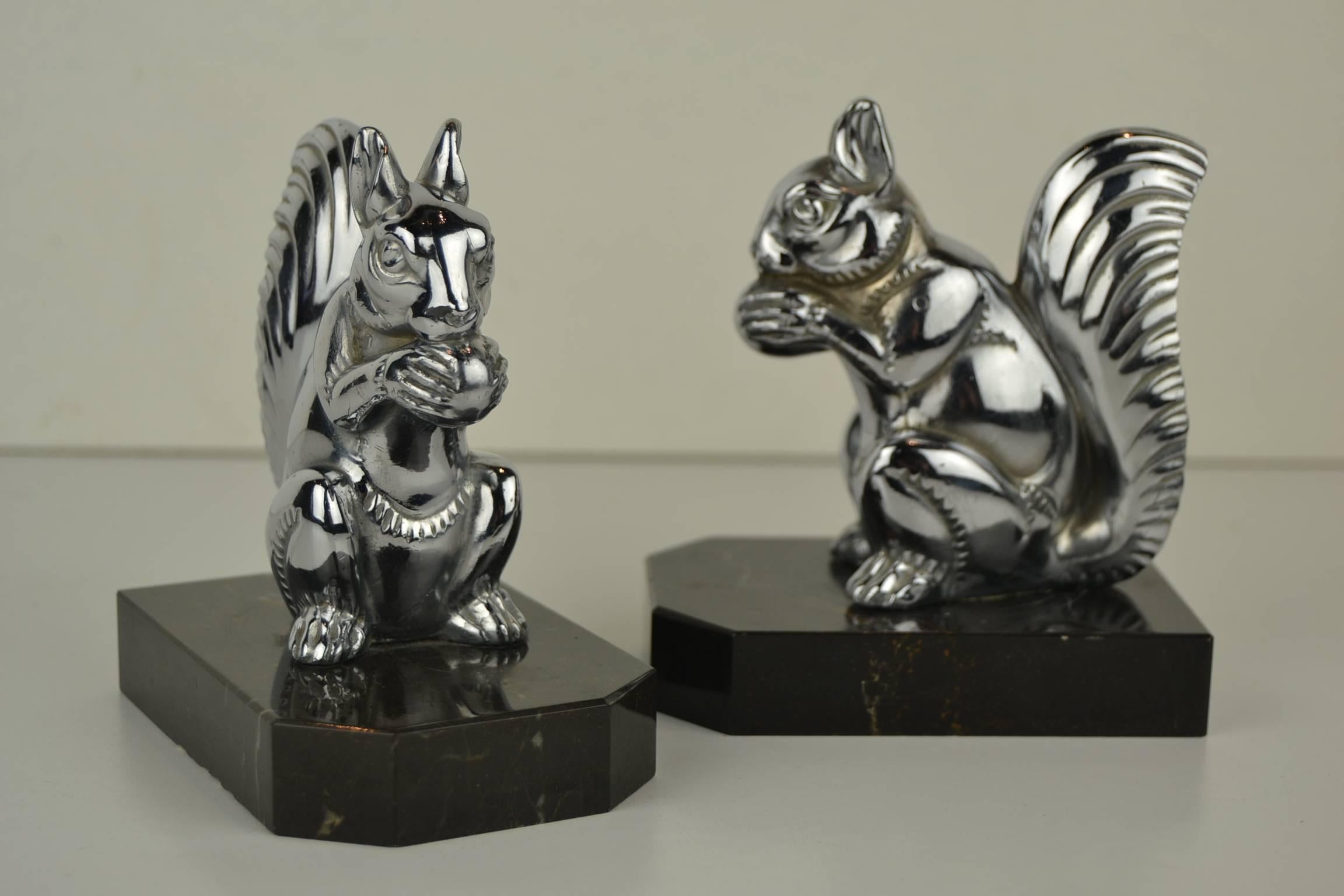 20th Century Chromed Squirrel Bookends on Marble Bases, Art Deco, 1930s