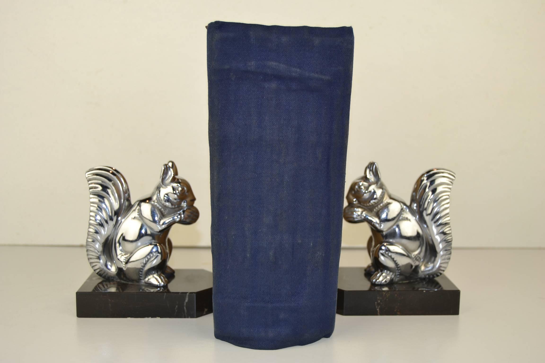 Chromed Squirrel Bookends on Marble Bases, Art Deco, 1930s 1