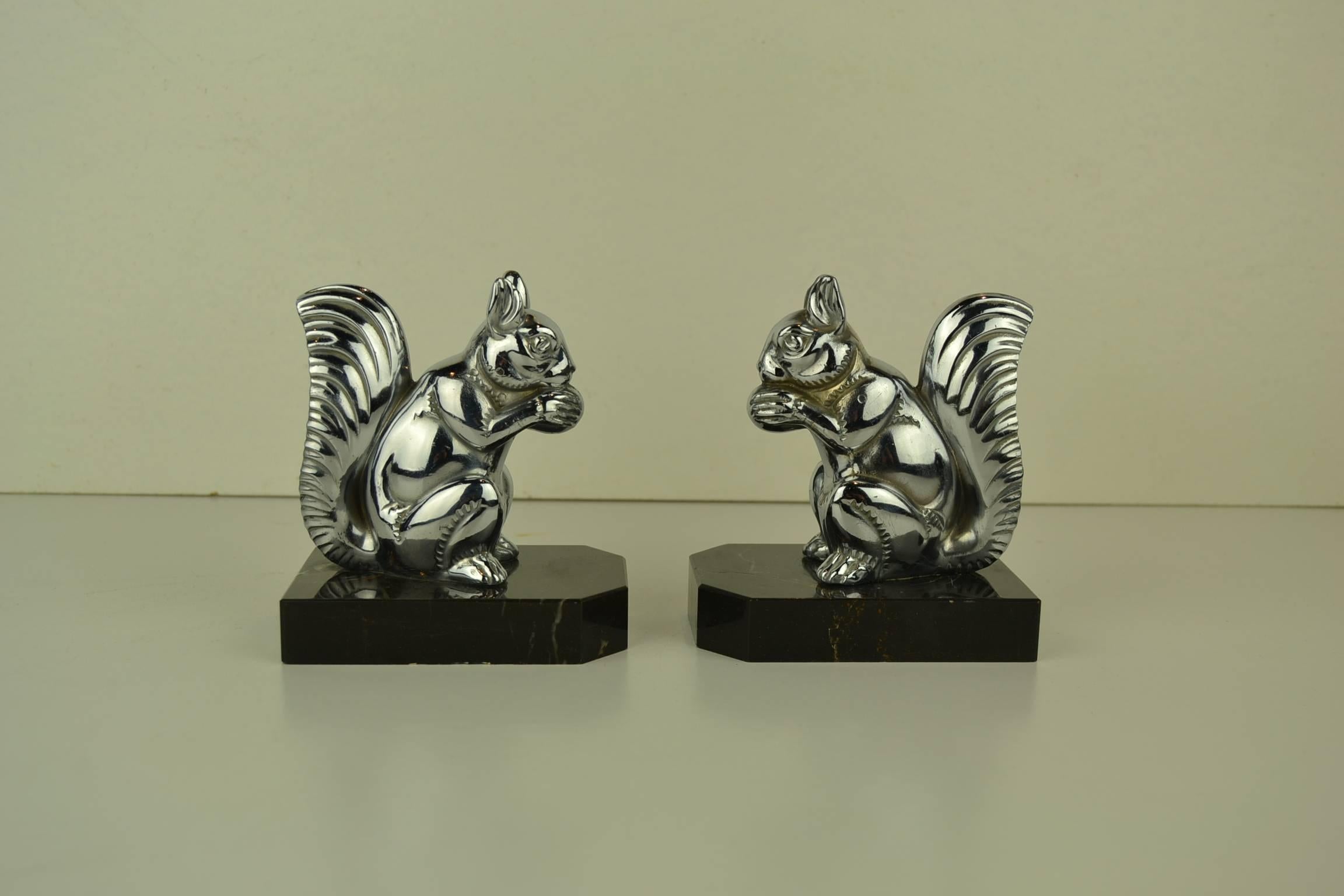 Chromed Squirrel Bookends on Marble Bases, Art Deco, 1930s 3
