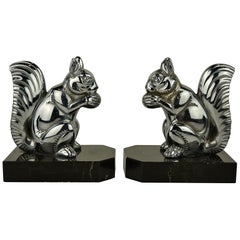 Vintage Chromed Squirrel Bookends on Marble Bases, Art Deco, 1930s