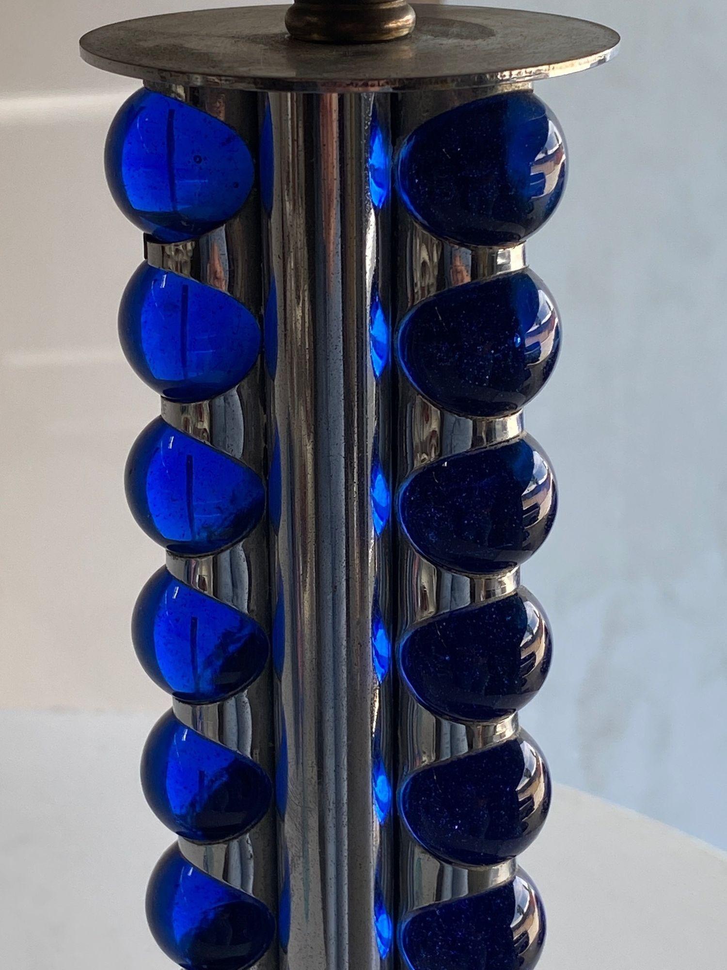 American Chromed Steel and Cobalt Marble Art Deco Lamp For Sale