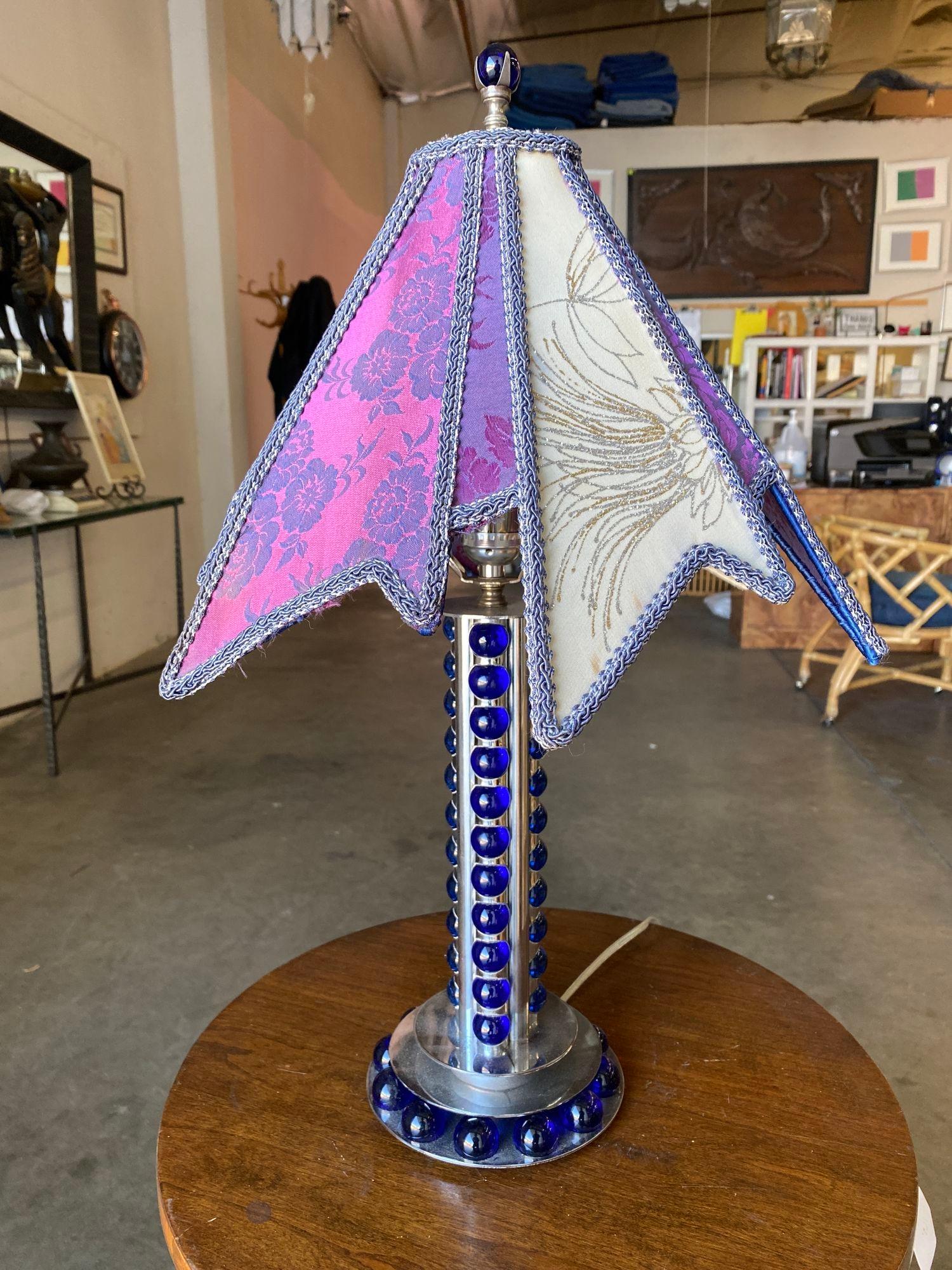 Chromed Steel and Cobalt Marble Art Deco Lamp In Excellent Condition For Sale In Van Nuys, CA
