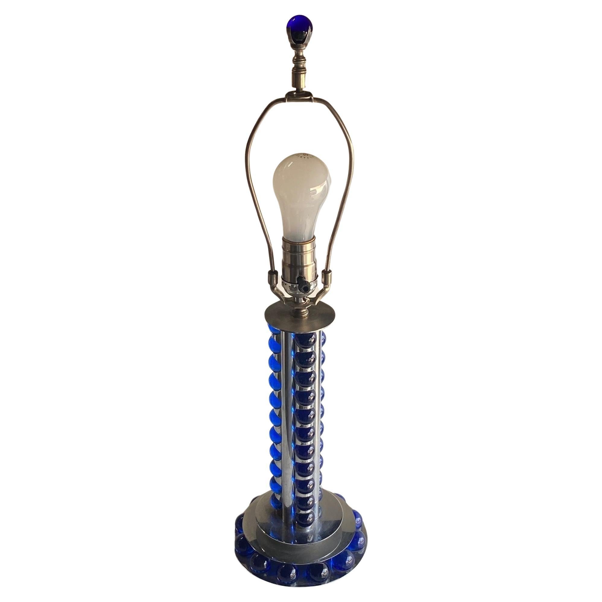 Chromed Steel and Cobalt Marble Art Deco Lamp For Sale